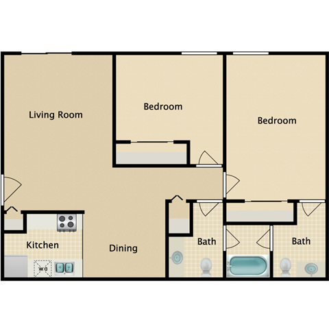 Floor plan for 2 beds, 2 baths, 900 sqft