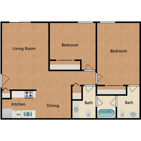 Floor plan for 2 beds, 2 baths, 900 sqft