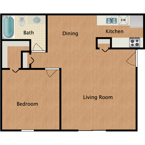 Floor plan for 1 bed, 1 bath, 625 sqft