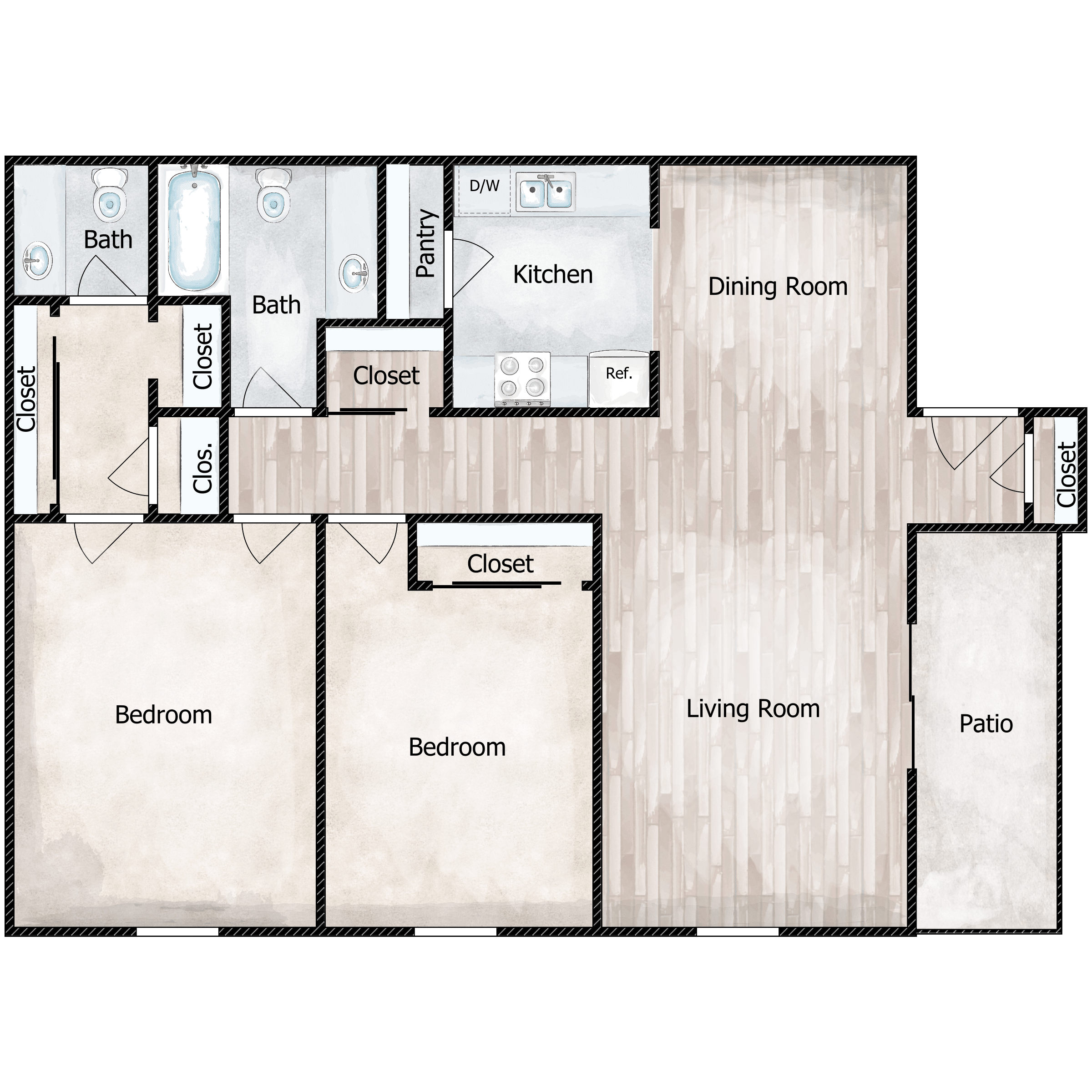 Floor plan for 2 beds, 1.5 baths, 1038 sqft
