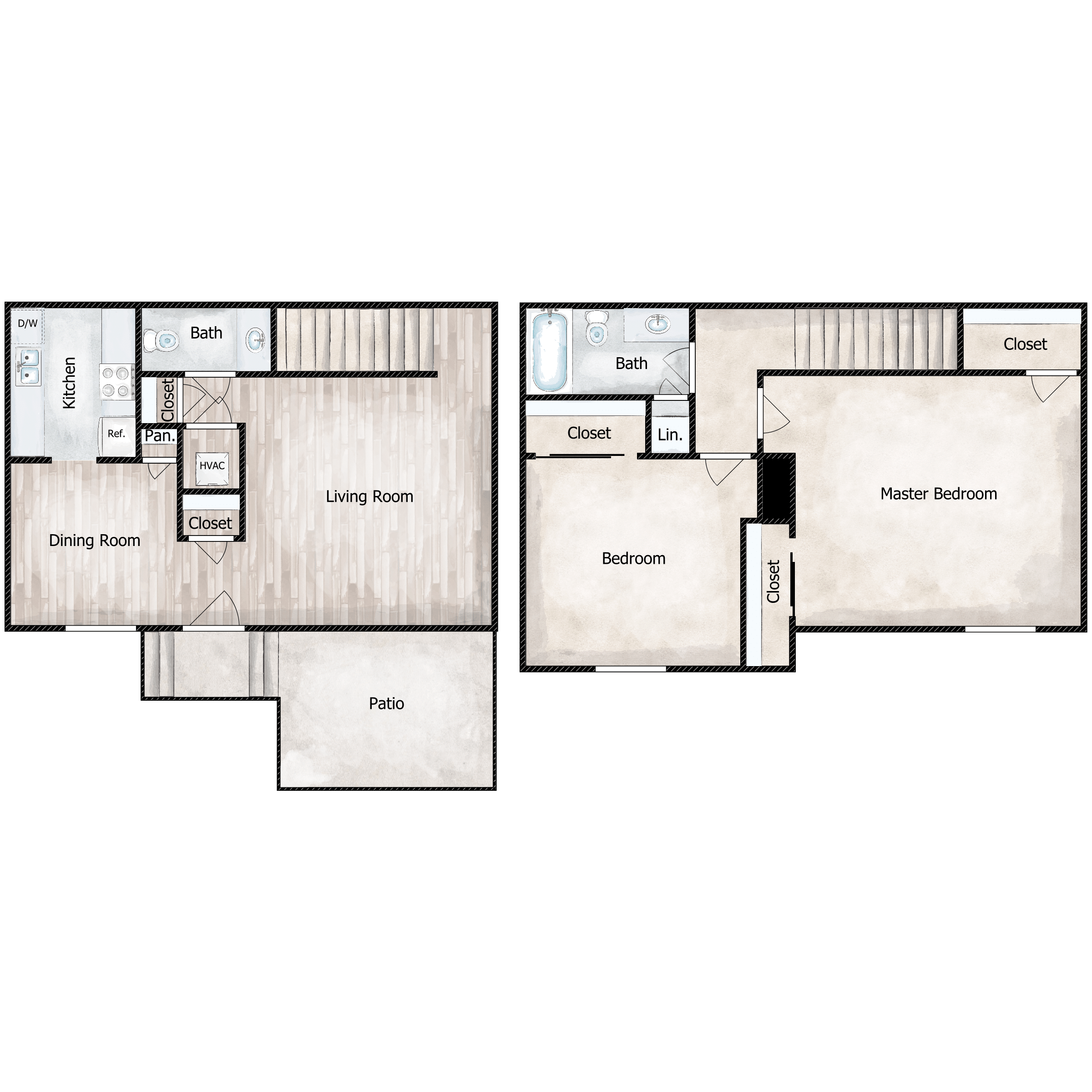 Floor plan for 2 beds, 1.5 baths, 1250 sqft