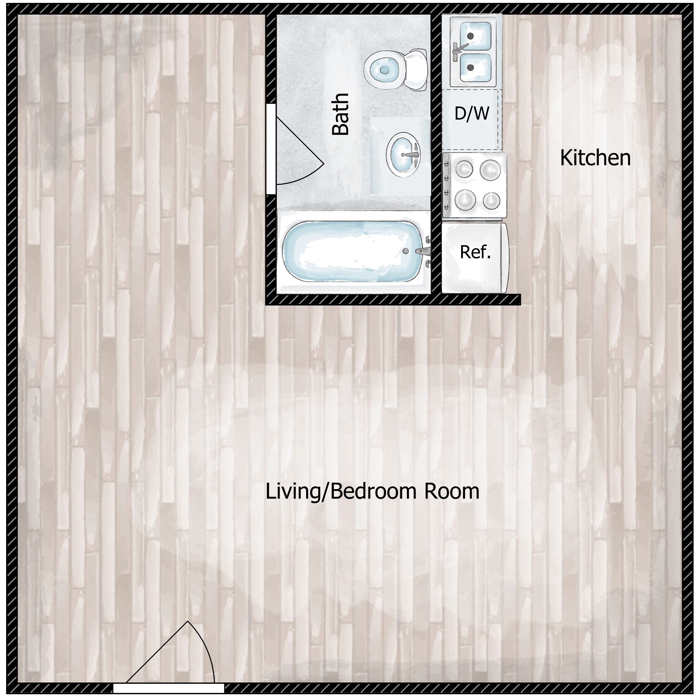 Floor plan for studio, 1 bath, 565 sqft