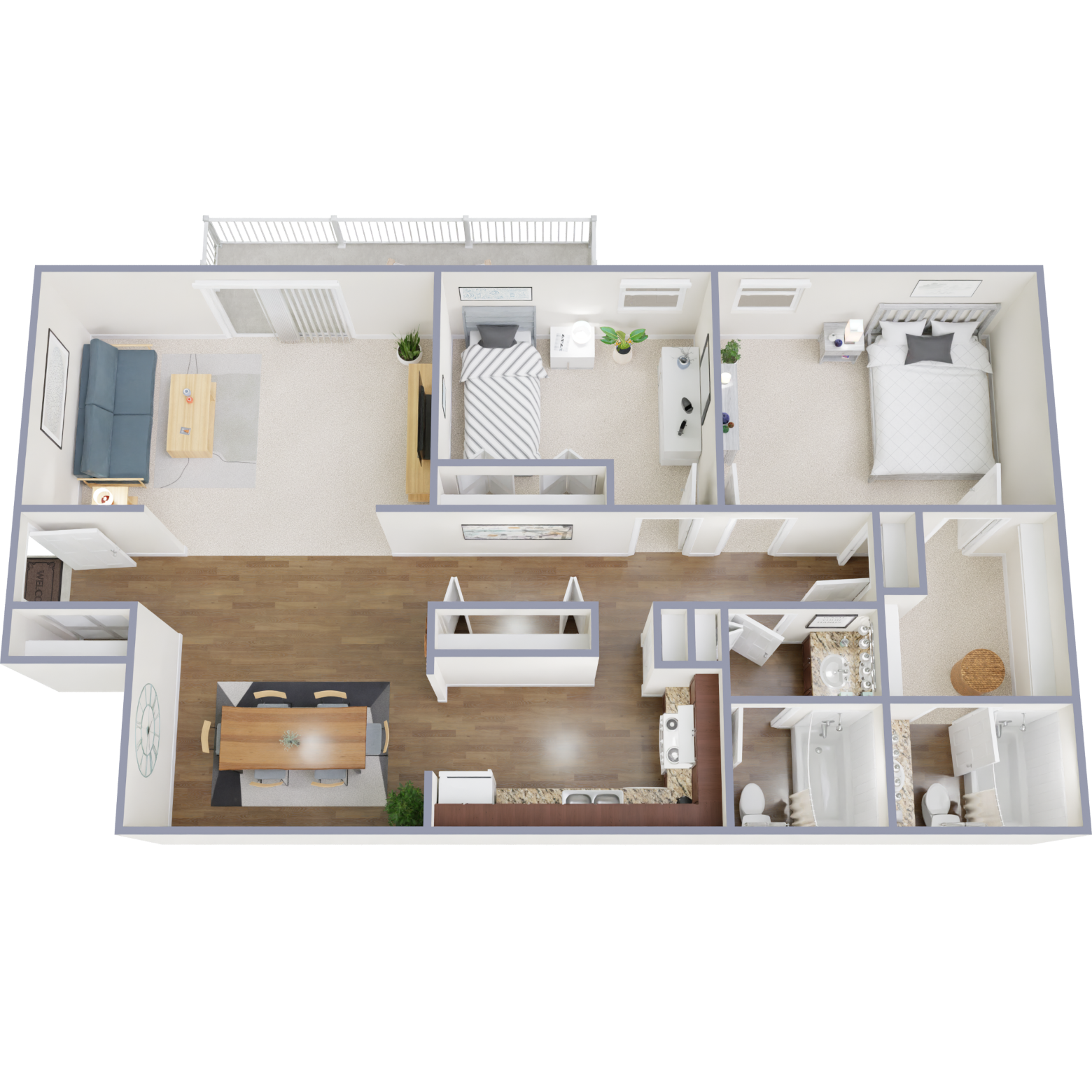 Floor plan for 2 beds, 2 baths, 1050 sqft
