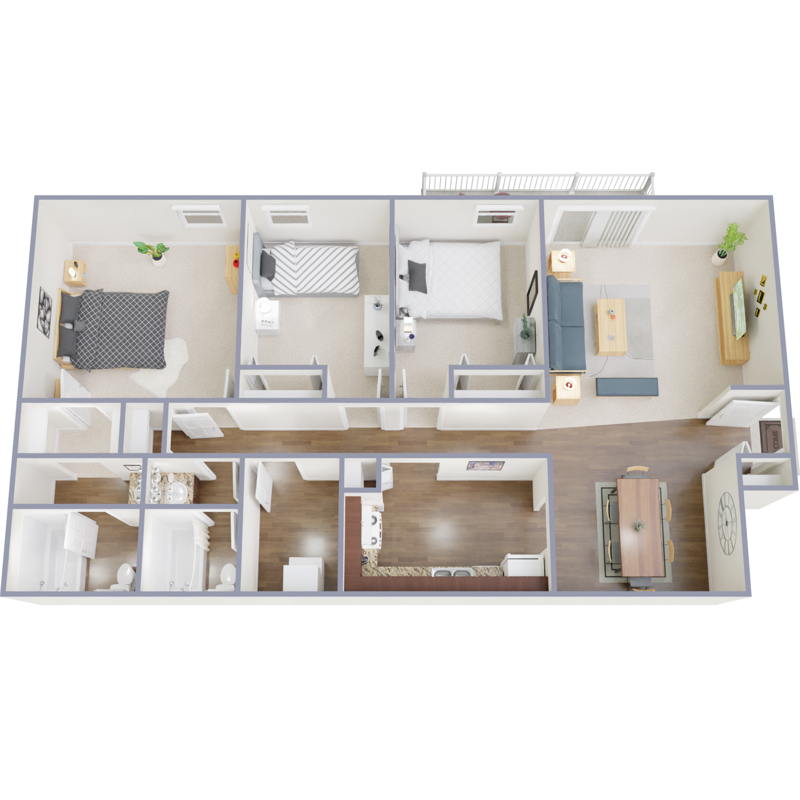 Floor plan for 3 beds, 2 baths, 1225 sqft