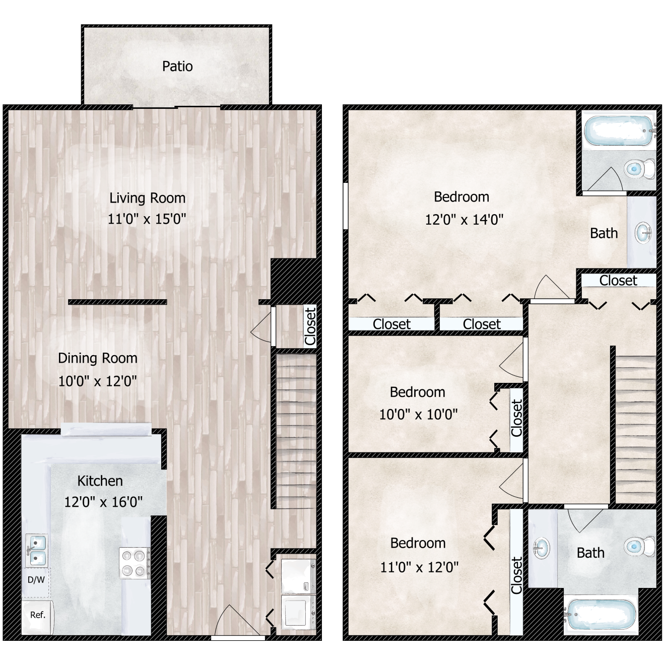 Floor plan for 3 beds, 2 baths, 1225 sqft