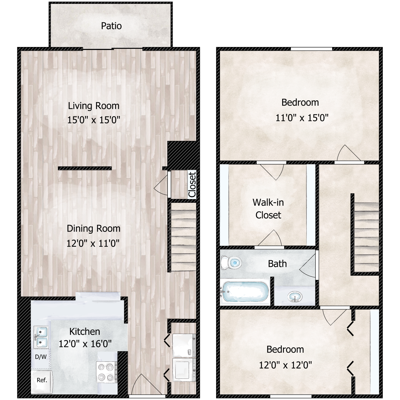 Floor plan for 2 beds, 1 bath, 1184 sqft
