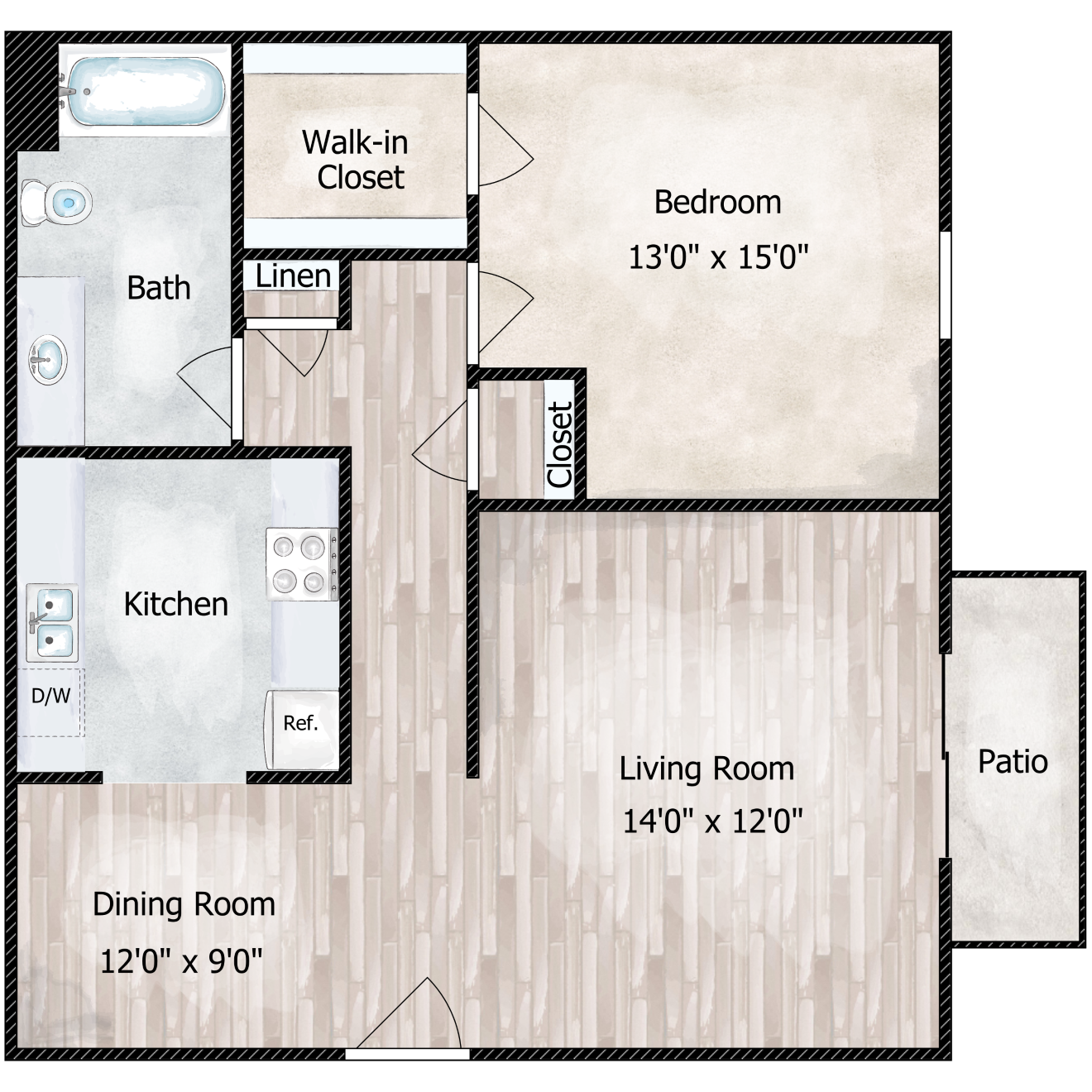 Floor plan for 1 bed, 1 bath, 730 sqft