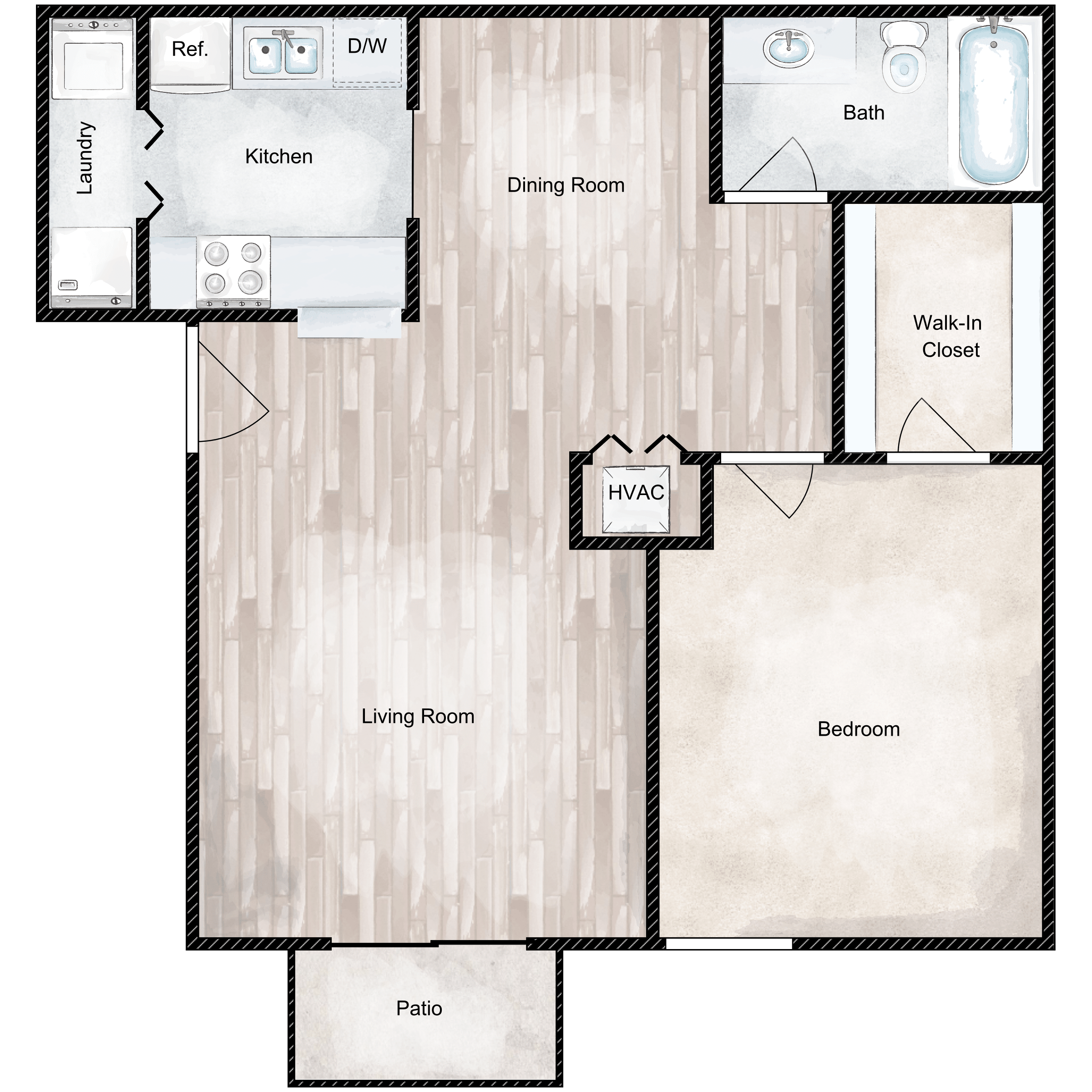 Floor plan for 1 bed, 1 bath, 721 sqft