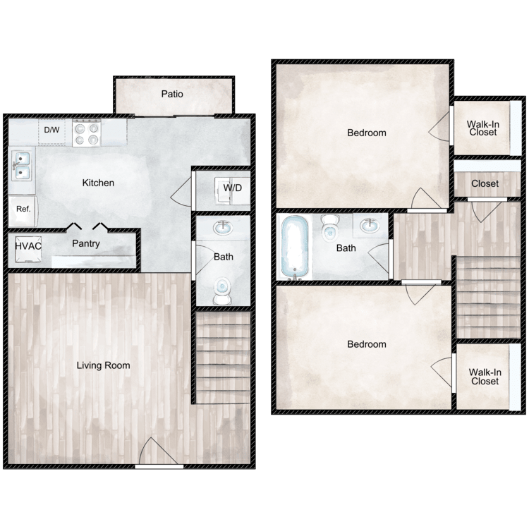 Floor plan for 2 beds, 1.5 baths, 1078 sqft