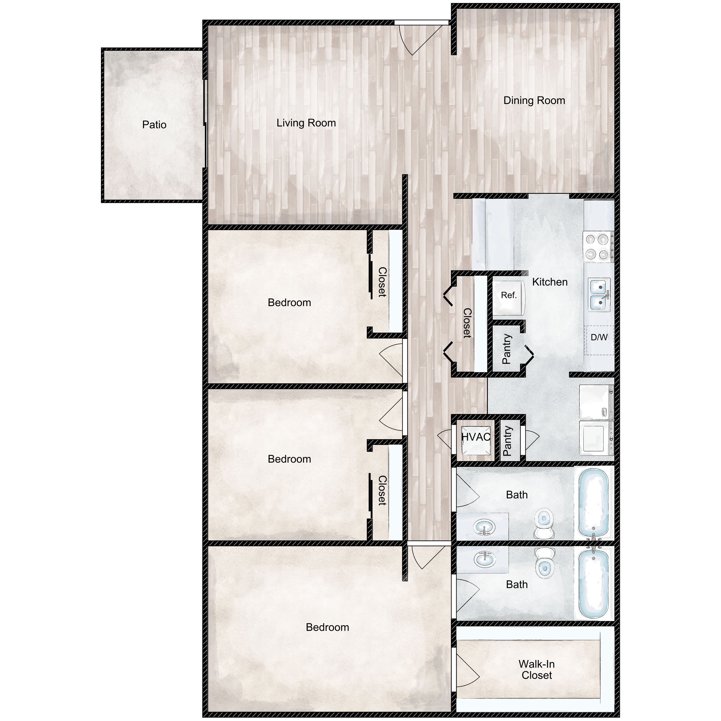 Floor plan for 3 beds, 2 baths, 1345 sqft