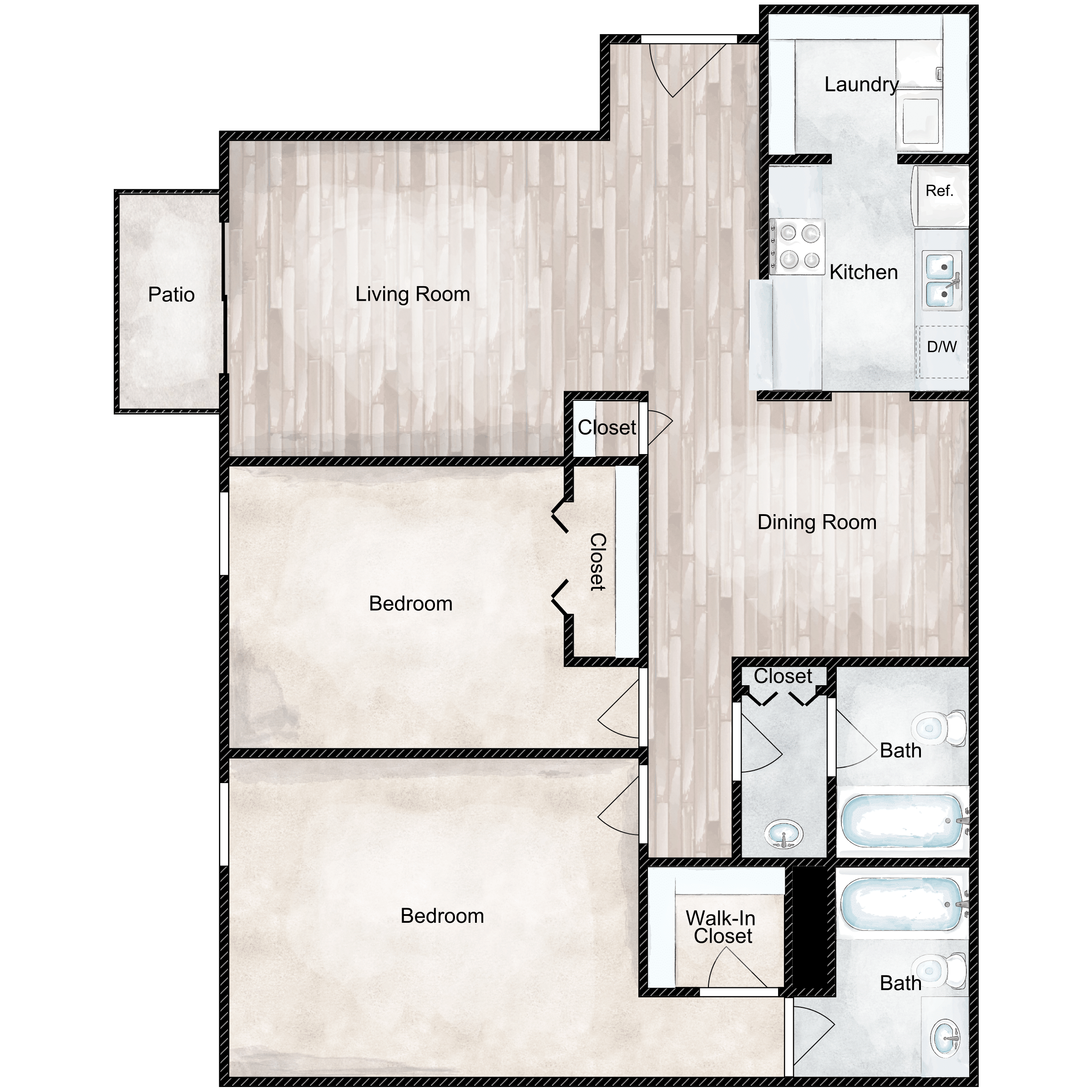 Floor plan for 2 beds, 2 baths, 1157 sqft