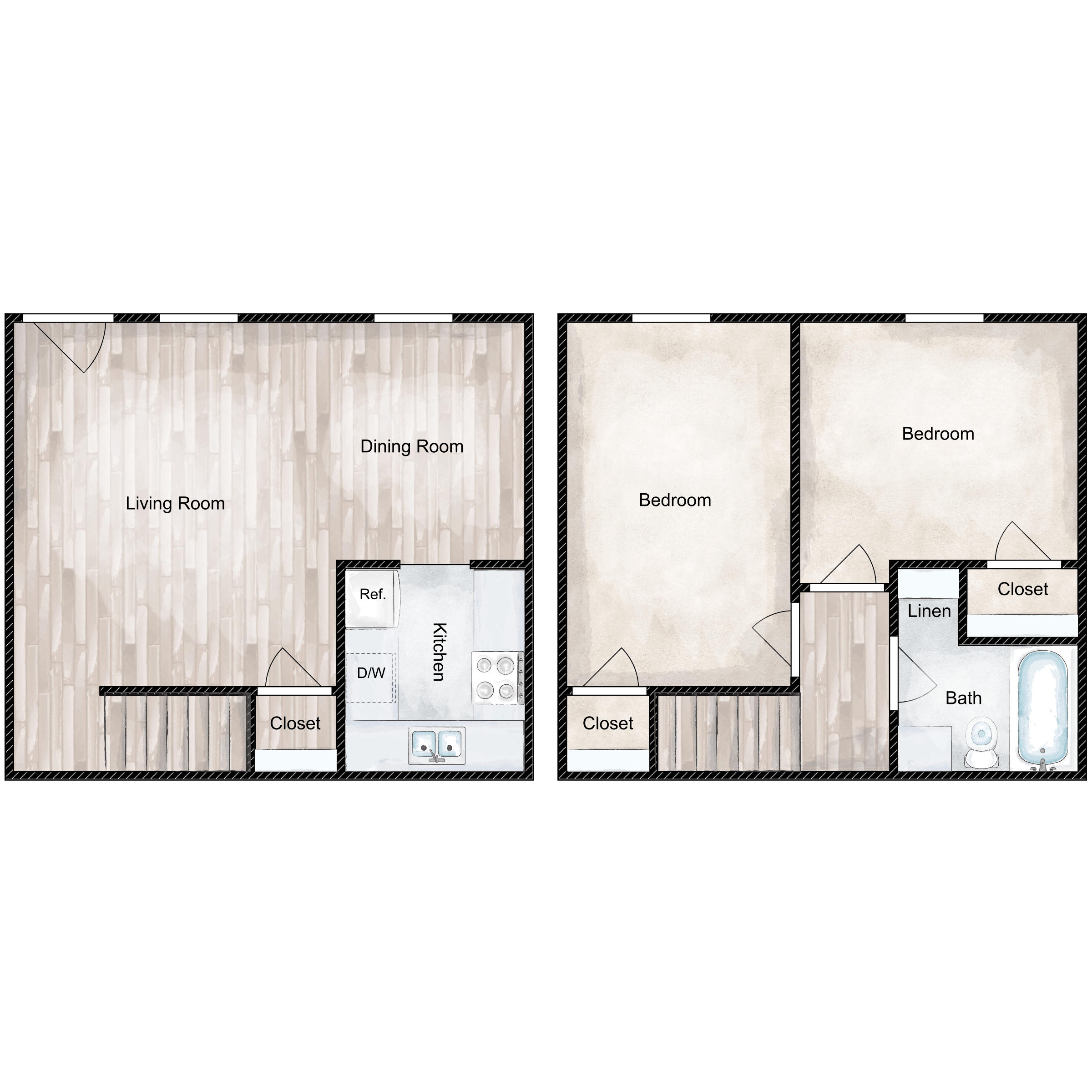Floor plan for 1 bed, 1 bath, 638 sqft