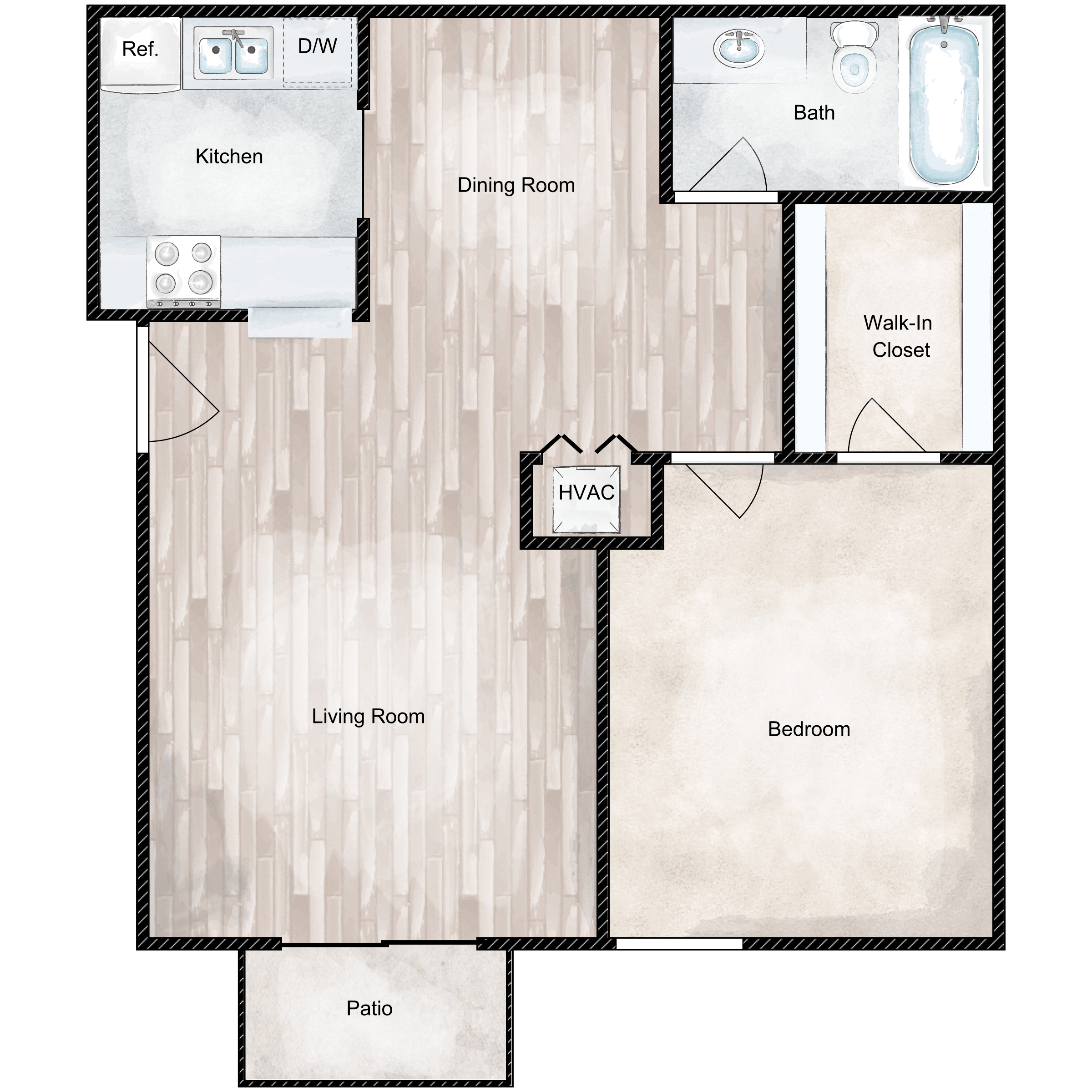 Floor plan for 1 bed, 1 bath, 676 sqft