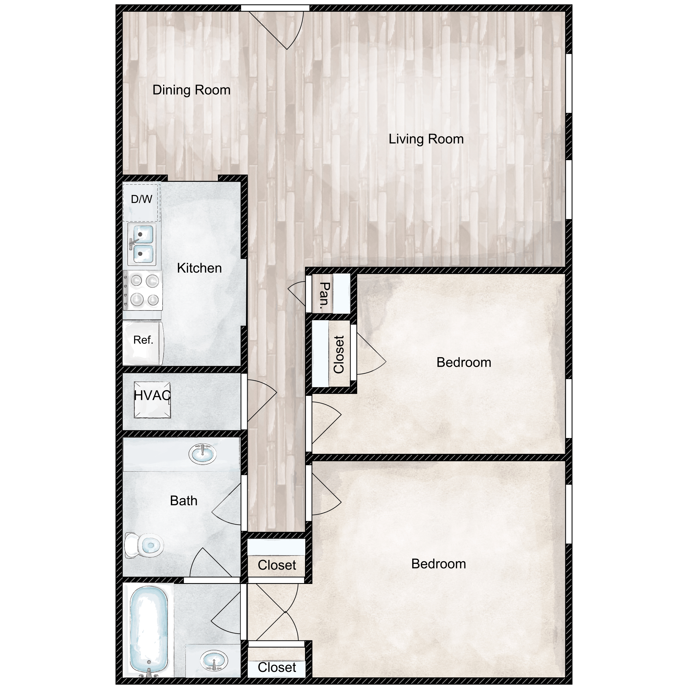 Floor plan for 2 beds, 1 bath, 883 sqft