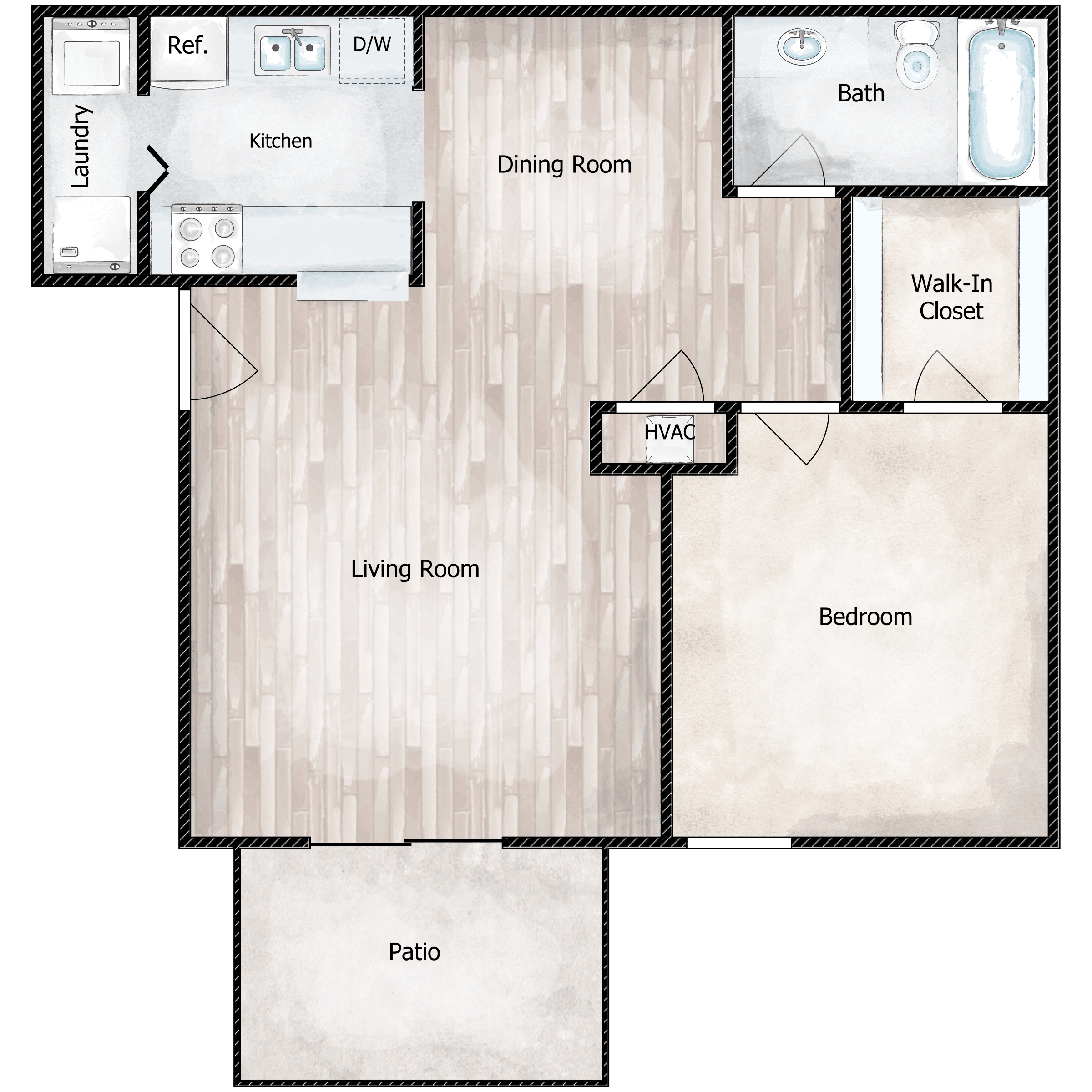Floor plan for 1 bed, 1 bath, 712 sqft