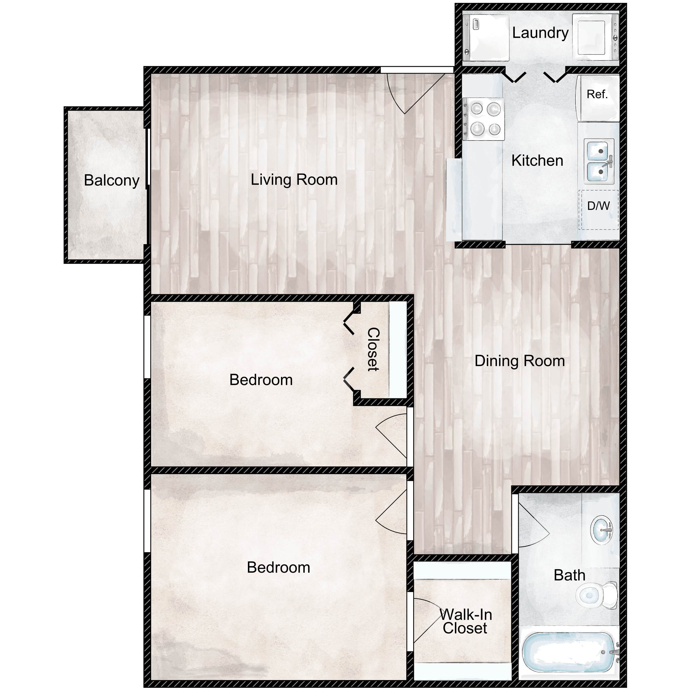 Floor plan for 2 beds, 1 bath, 810 sqft