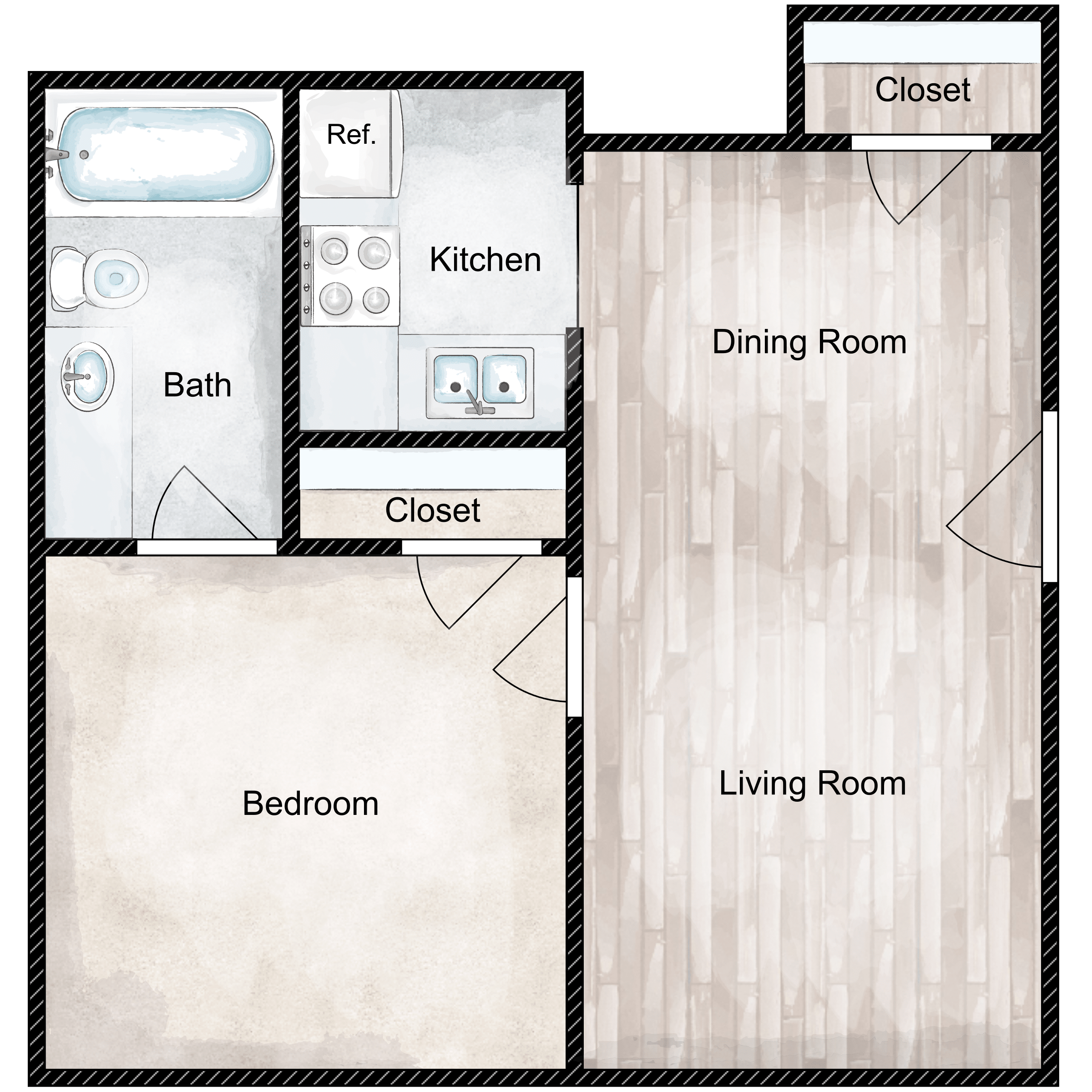 Floor plan for 1 bed, 1 bath, 498 sqft