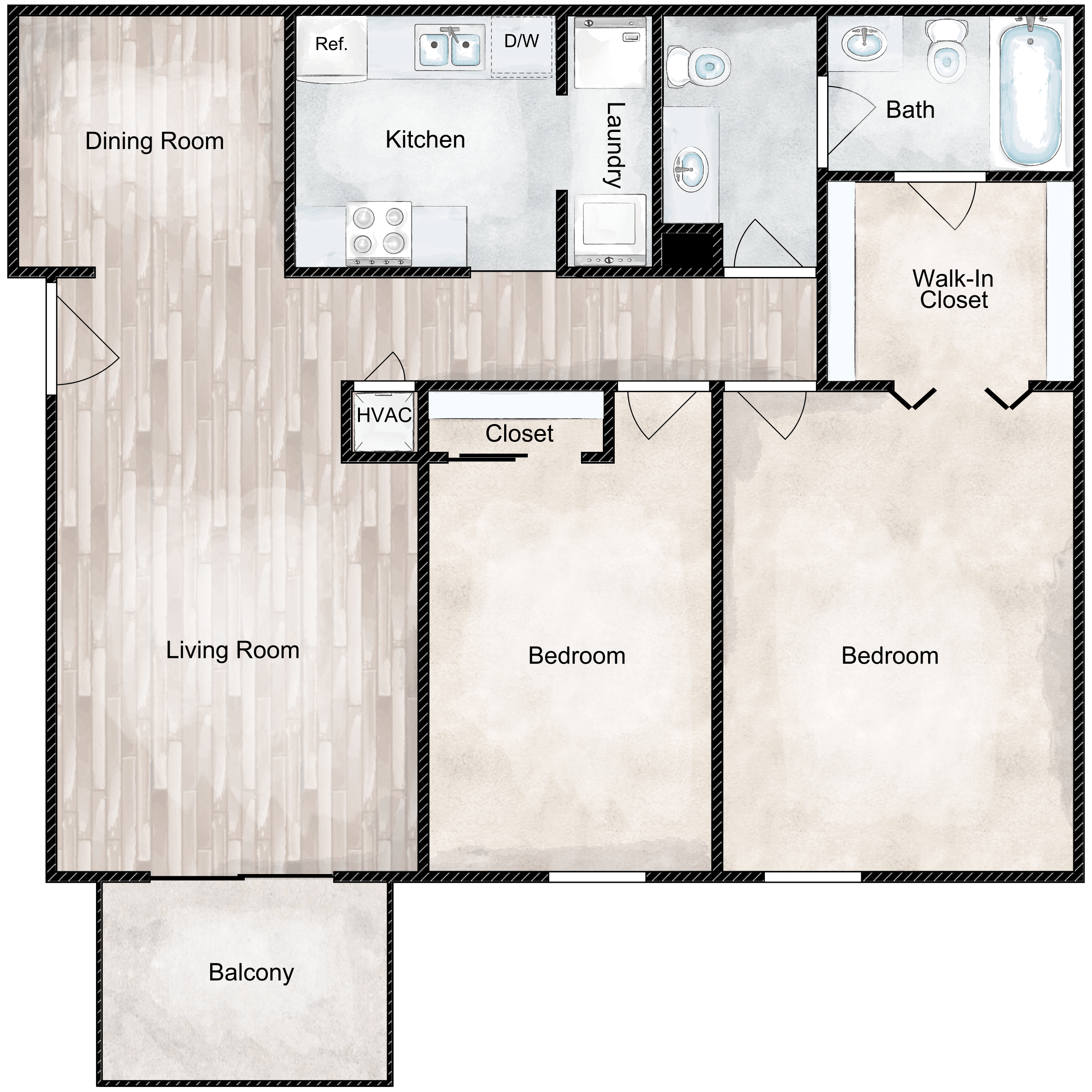 Floor plan for 2 beds, 1.5 baths, 987 sqft