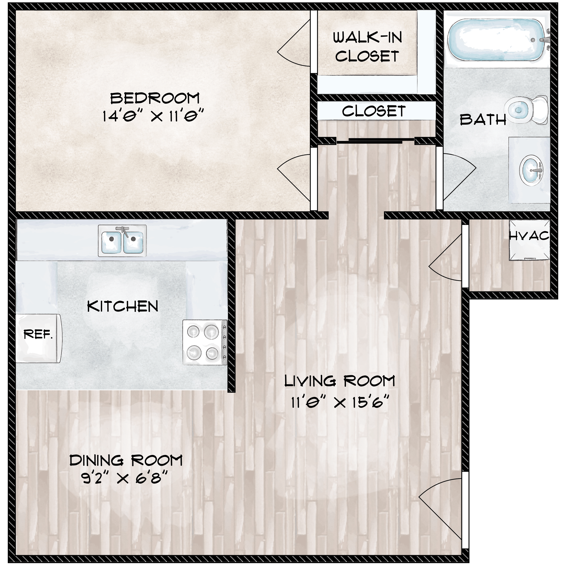 Floor plan for 1 bed, 1 bath, 708 sqft