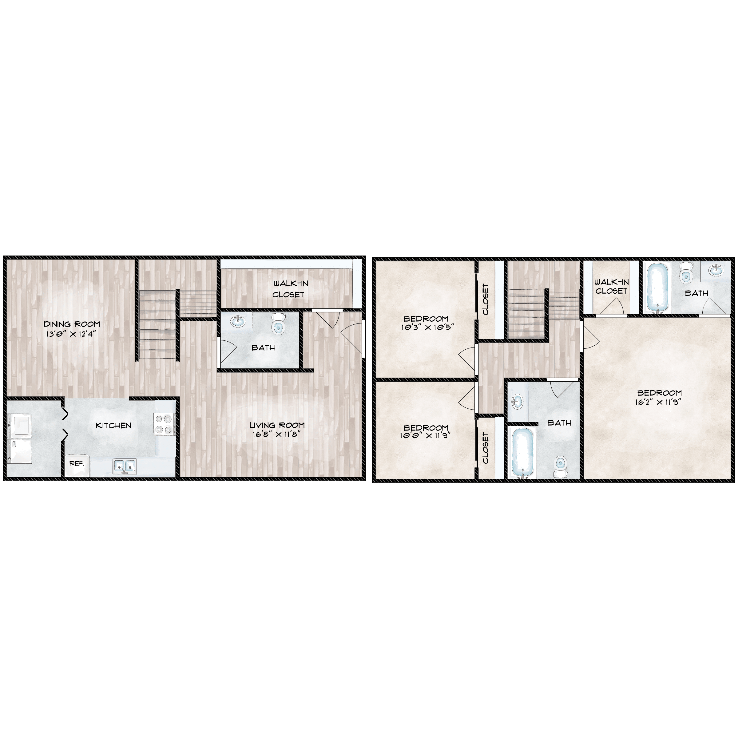Floor plan for 3 beds, 2.5 baths, 1458 sqft