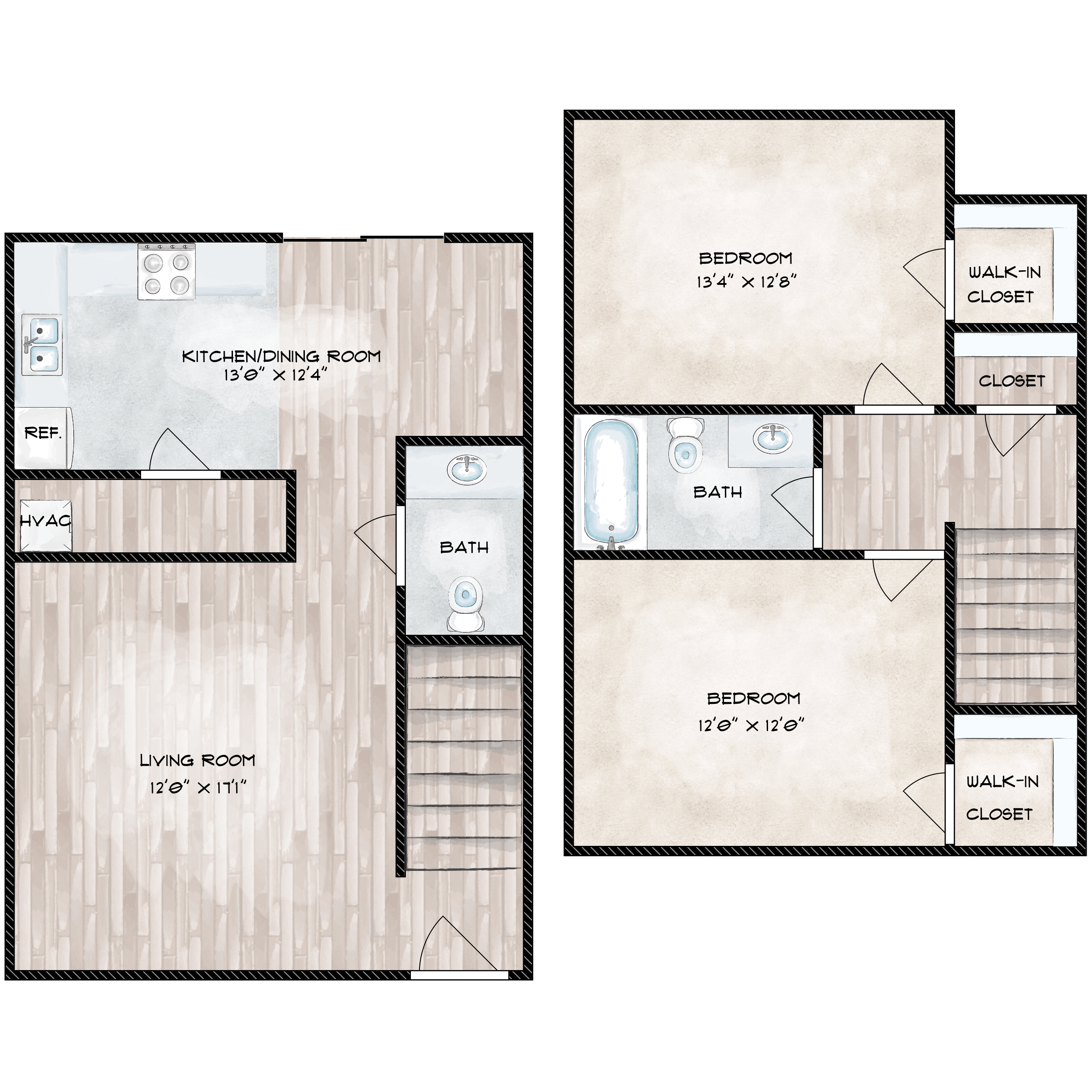 Floor plan for 2 beds, 1.5 baths, 1029 sqft