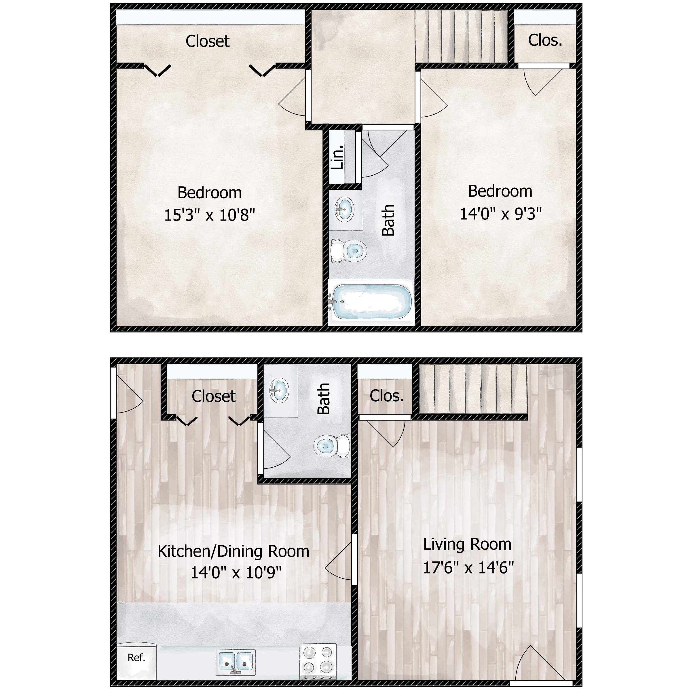 Floor plan for 2 beds, 1.5 baths, 1000 sqft