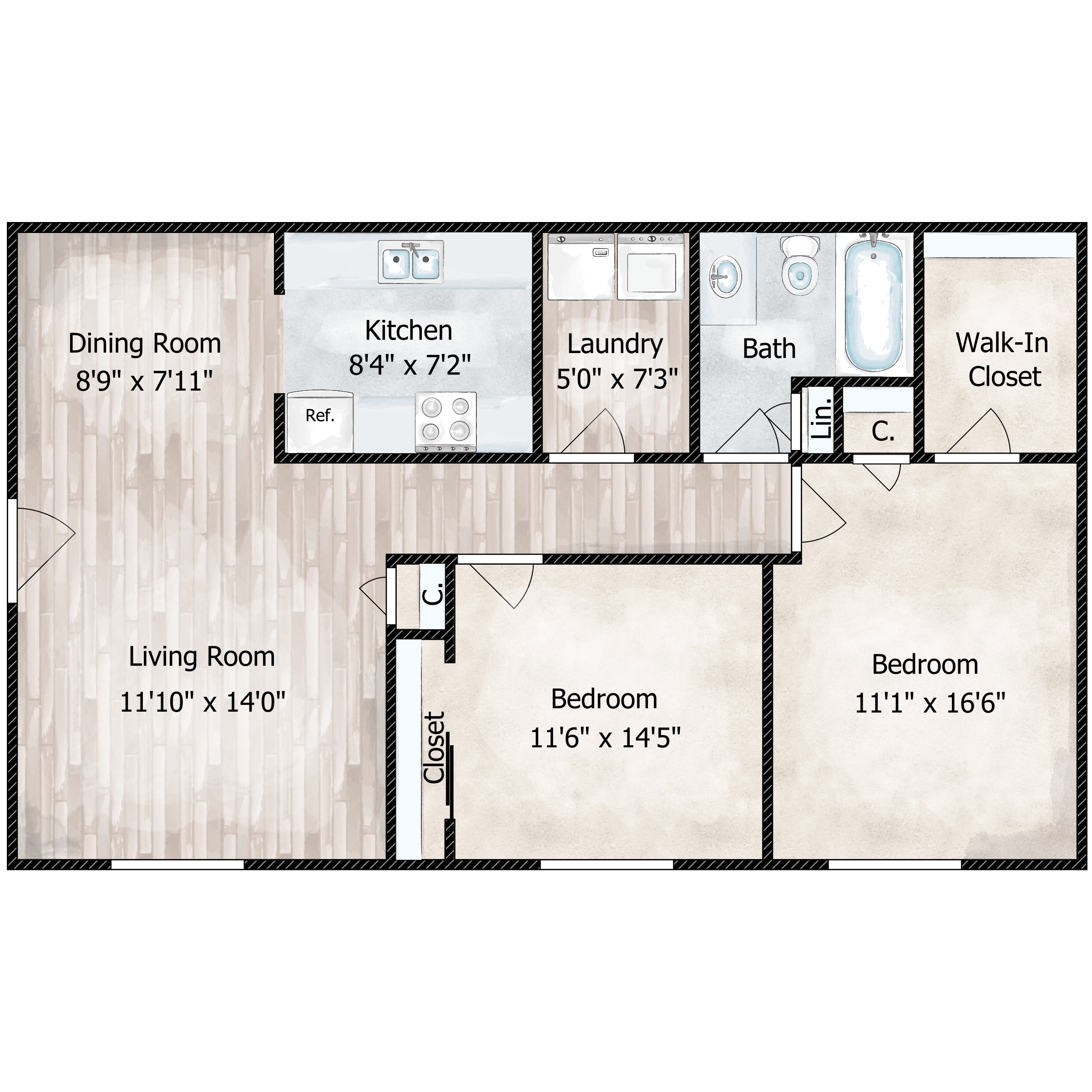 Floor plan for 2 beds, 1 bath, 850 sqft