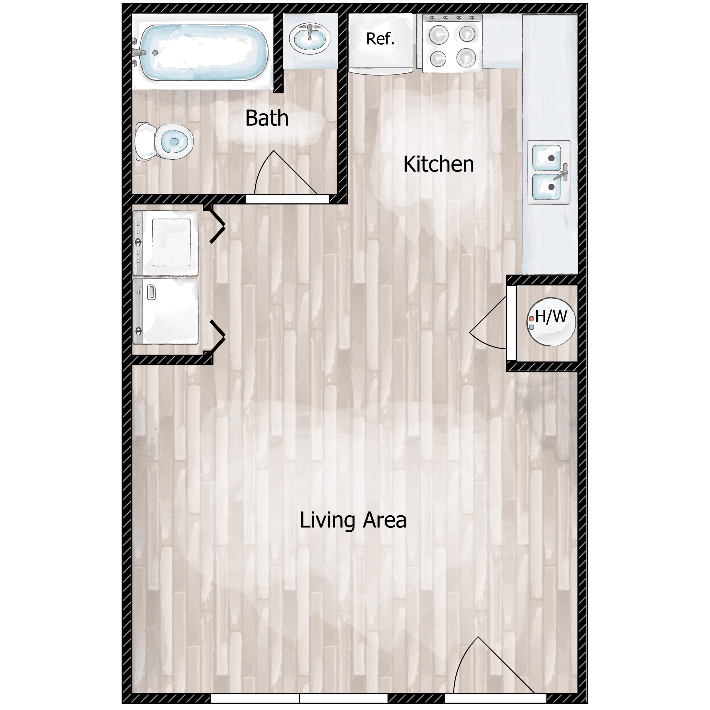 Floor plan for studio, 1 bath, 400 sqft