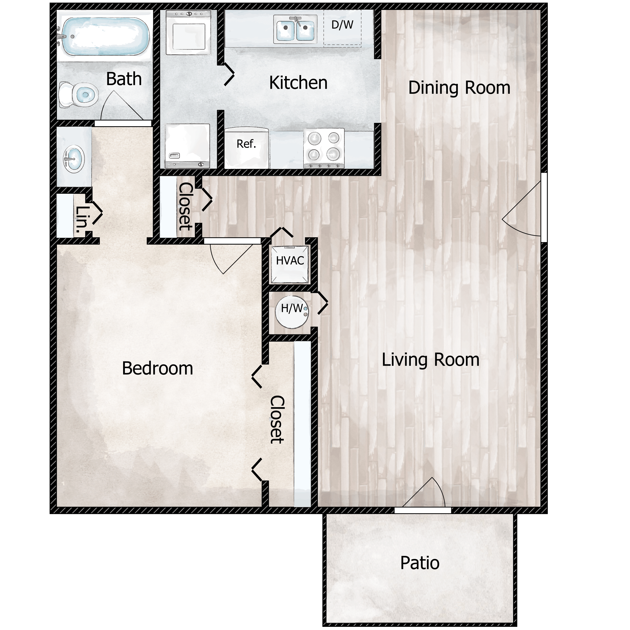 Floor plan for 1 bed, 1 bath, 647 sqft