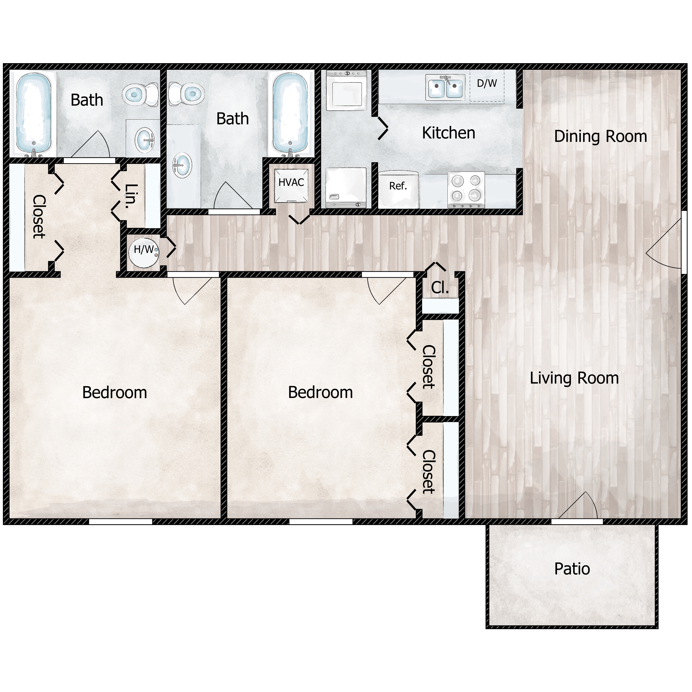 Floor plan for 2 beds, 2 baths, 965 sqft