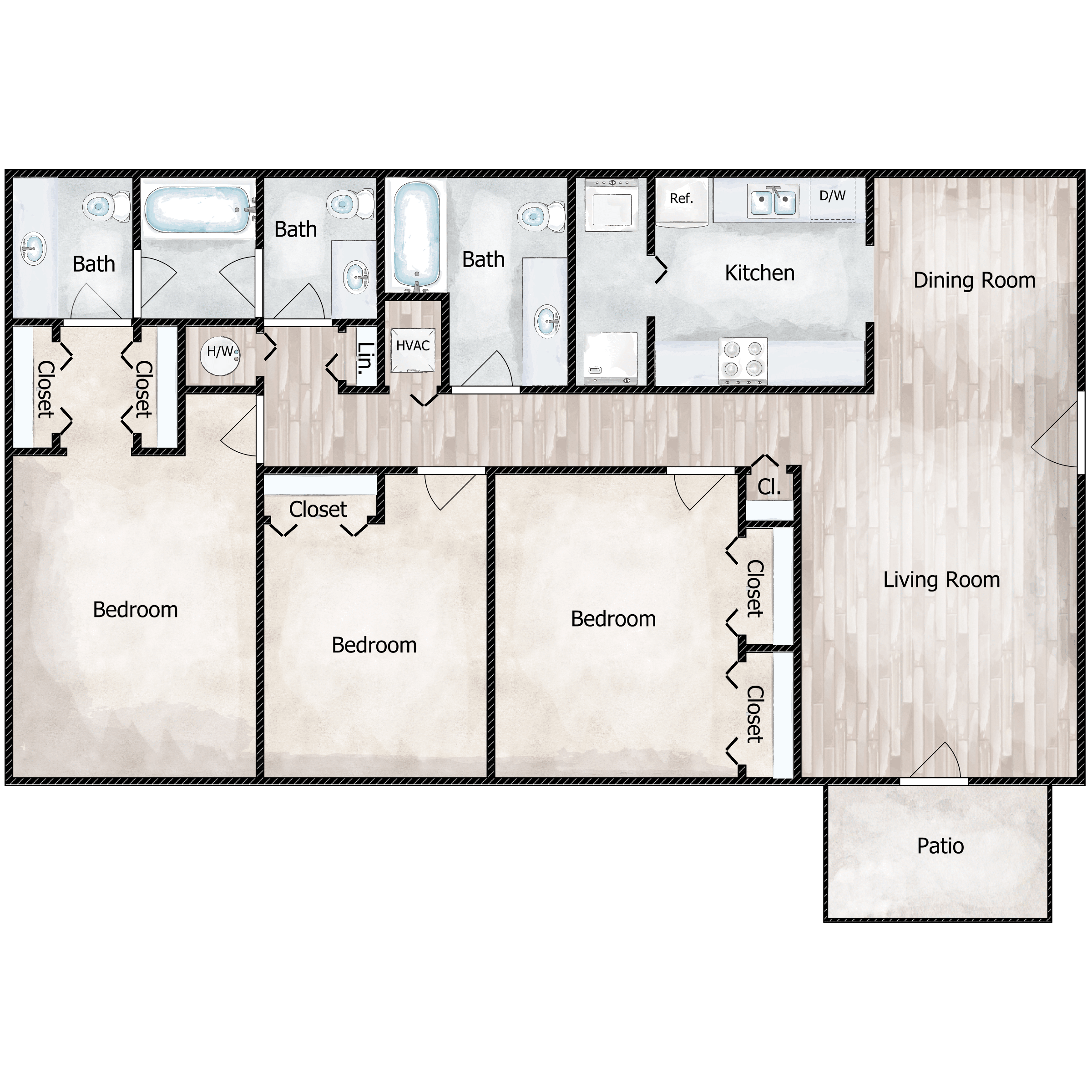 Floor plan for 3 beds, 2.5 baths, 1199 sqft