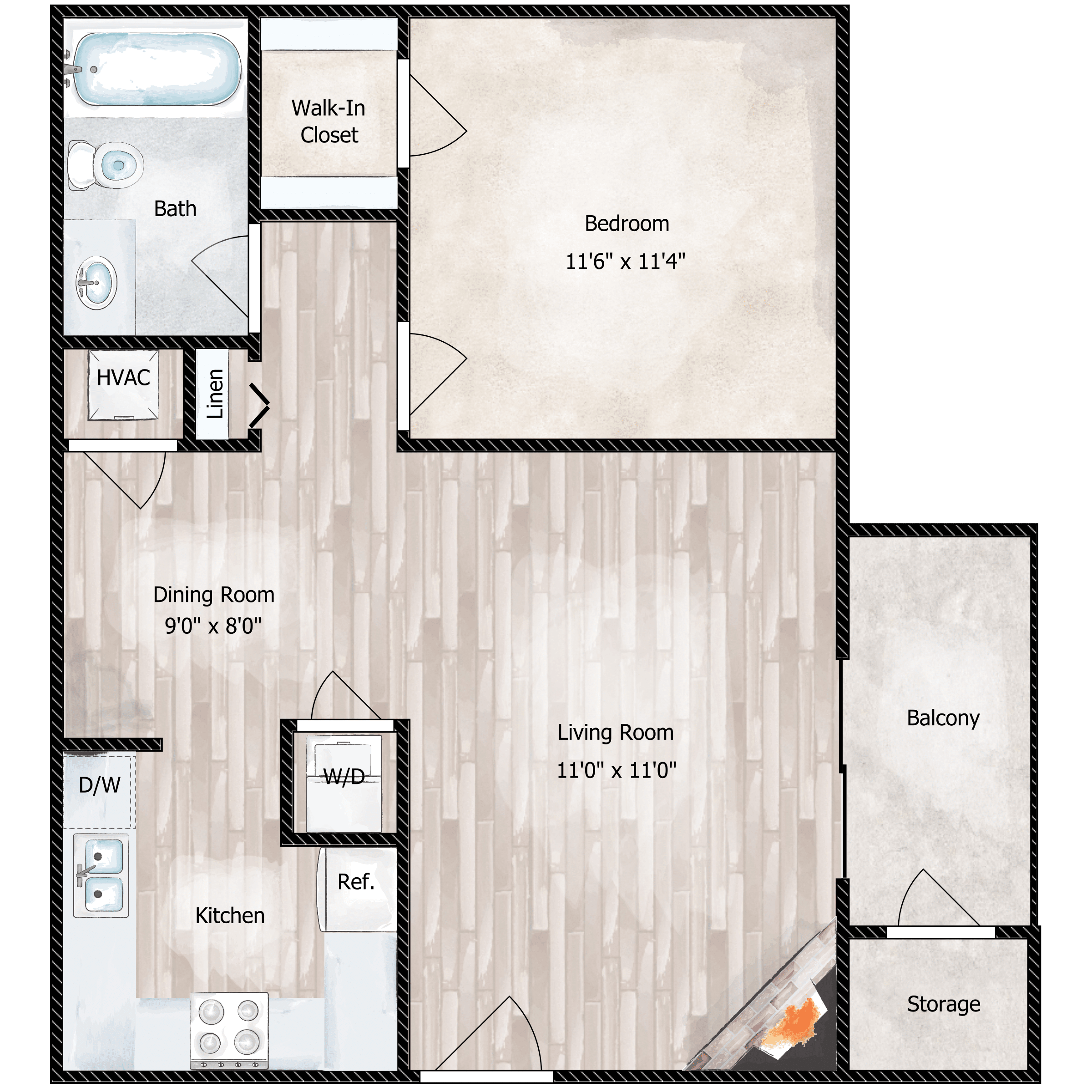 Floor plan for 1 bed, 1 bath, 636 sqft