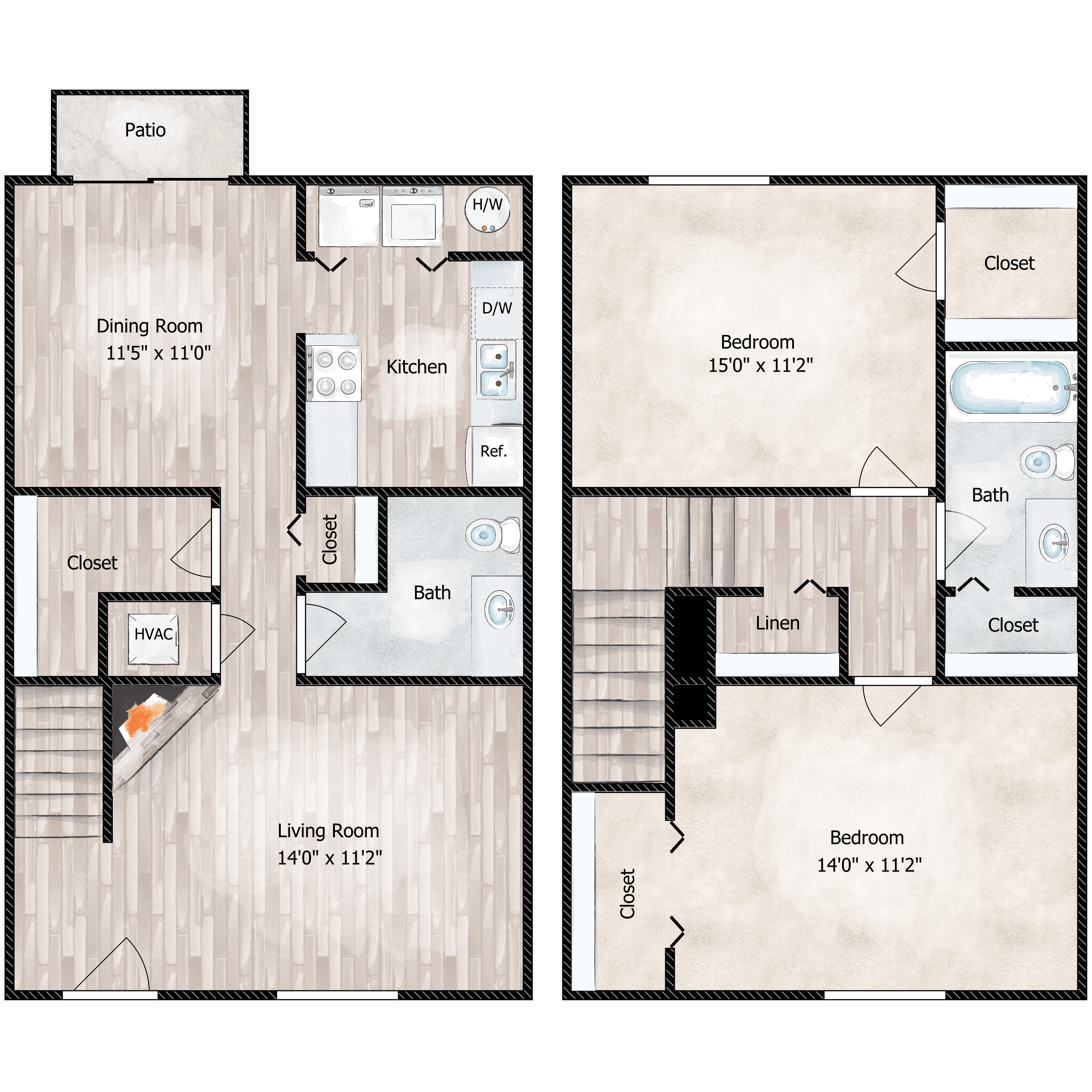 Floor plan for 2 beds, 1.5 baths, 1264 sqft