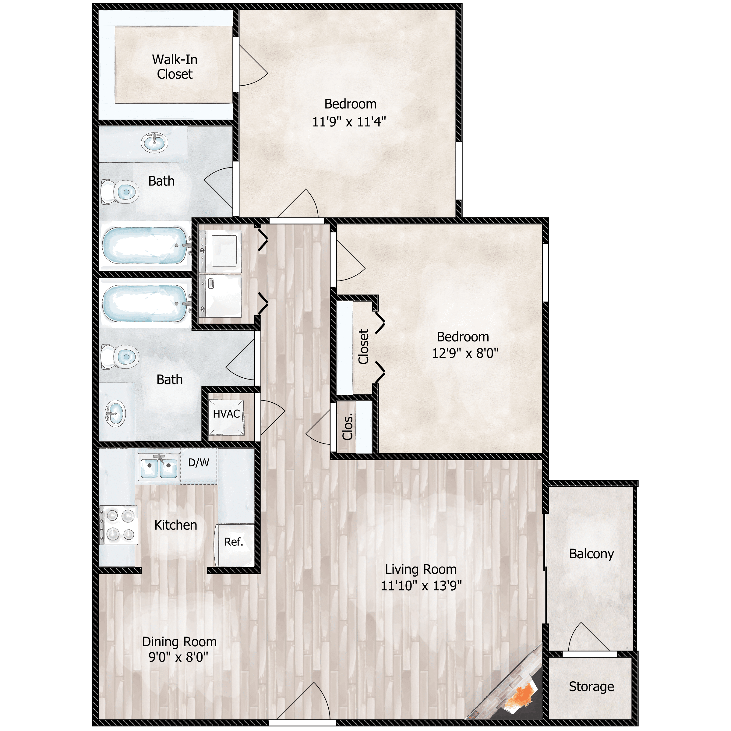 Floor plan for 2 beds, 2 baths, 946 sqft