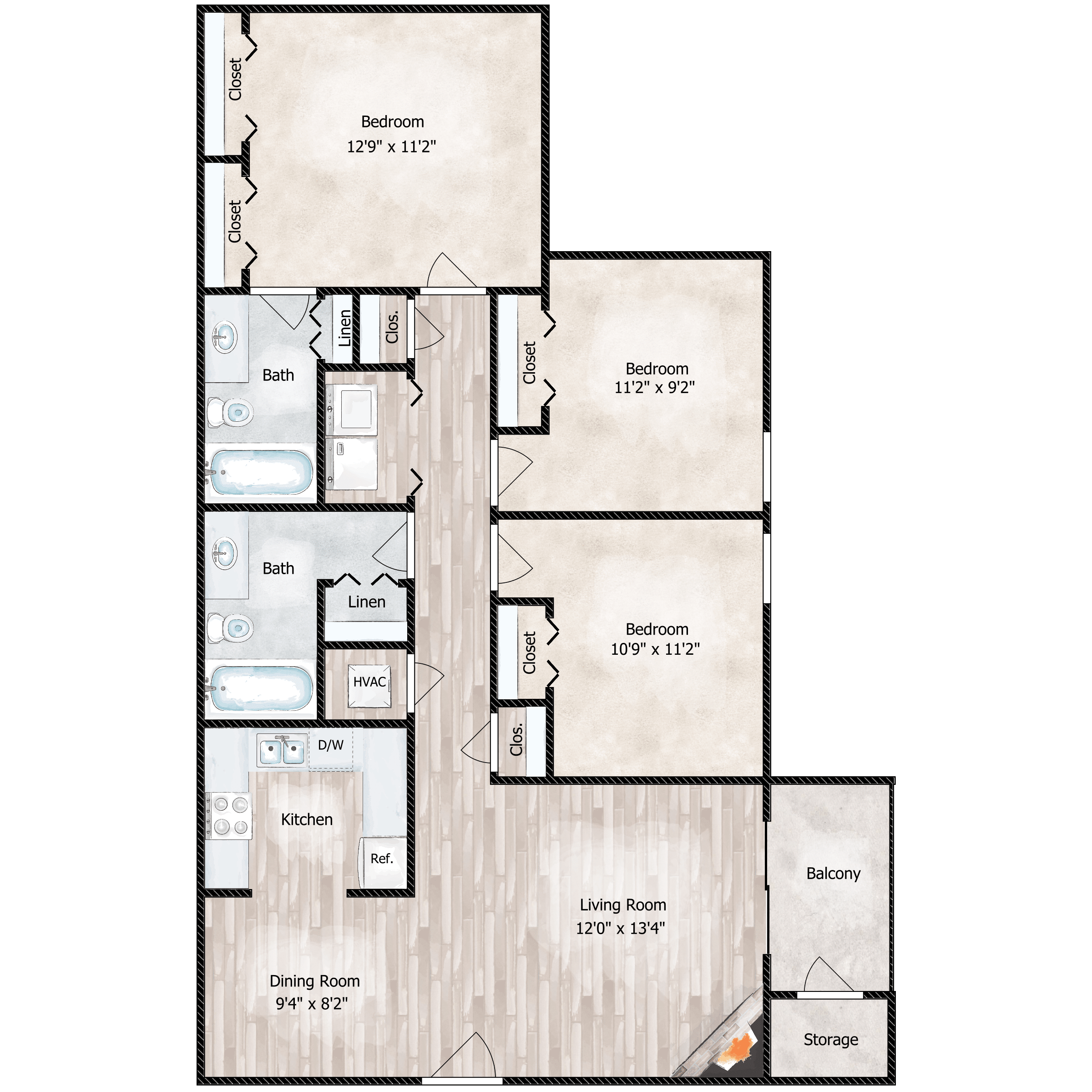 Floor plan for 3 beds, 2 baths, 1128 sqft