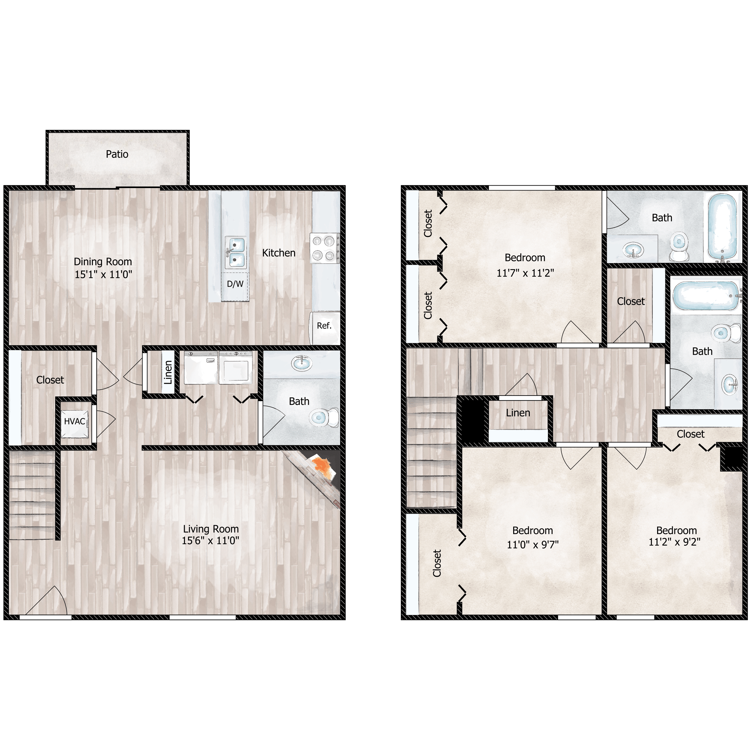 Floor plan for 3 beds, 2.5 baths, 1504 sqft