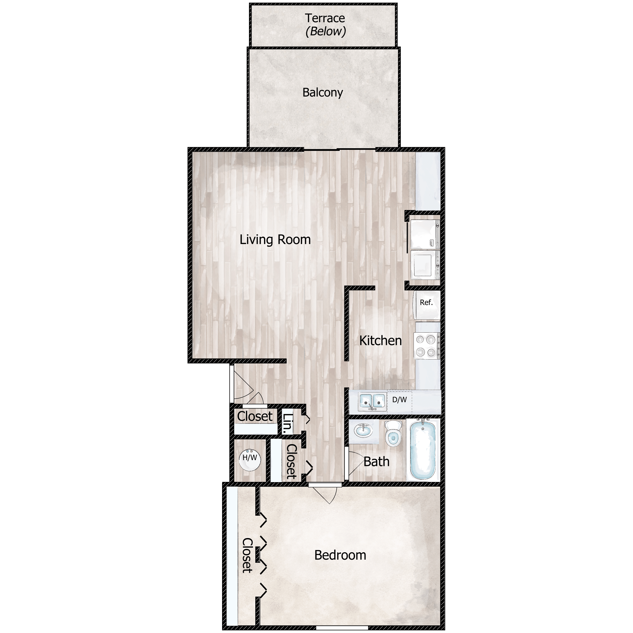 Floor plan for 1 bed, 1 bath, 761 sqft
