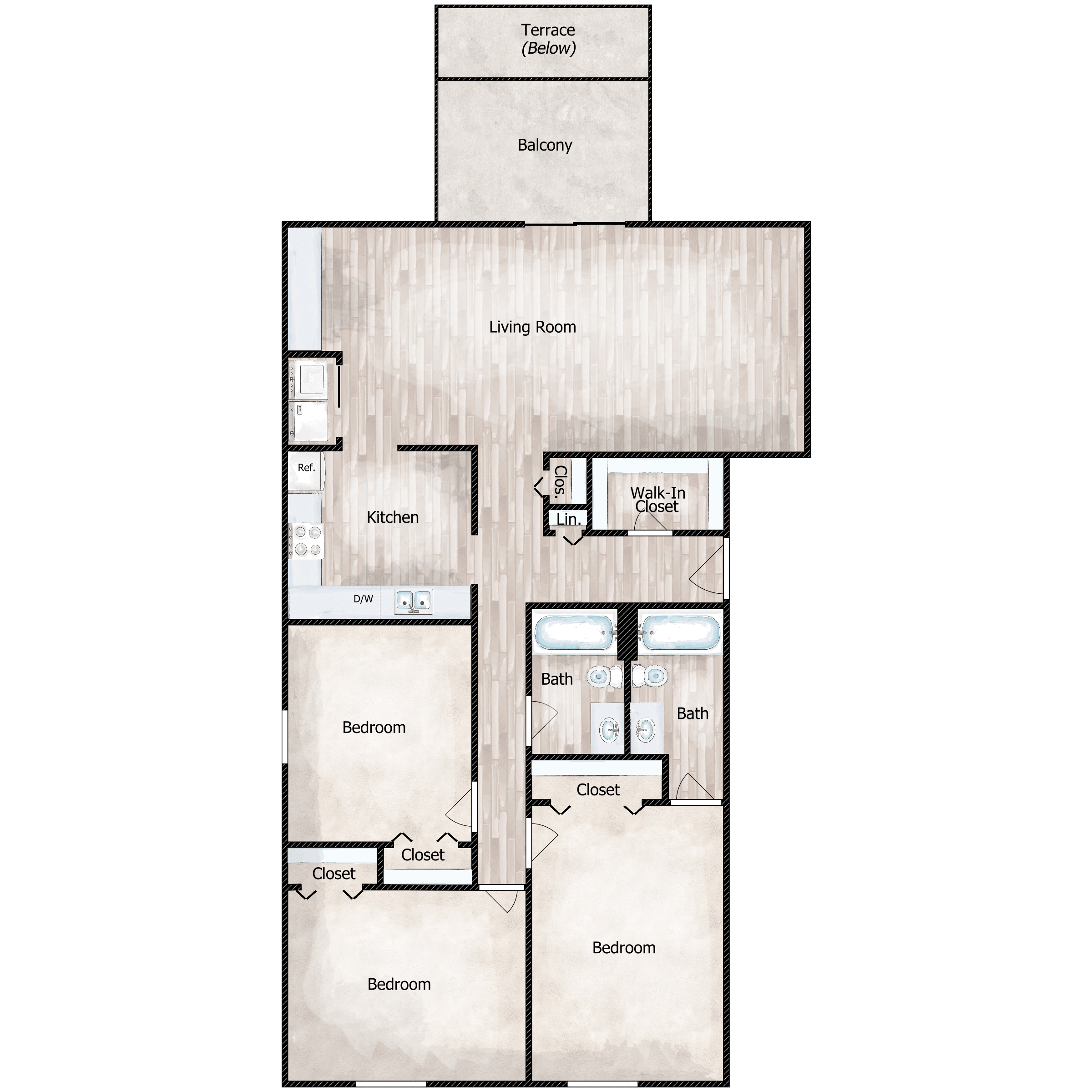 Floor plan for 3 beds, 2 baths, 1200 sqft