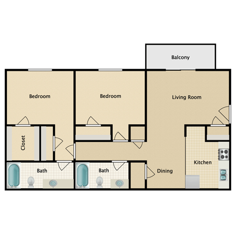 Floor plan for 2 beds, 2 baths, 960 sqft