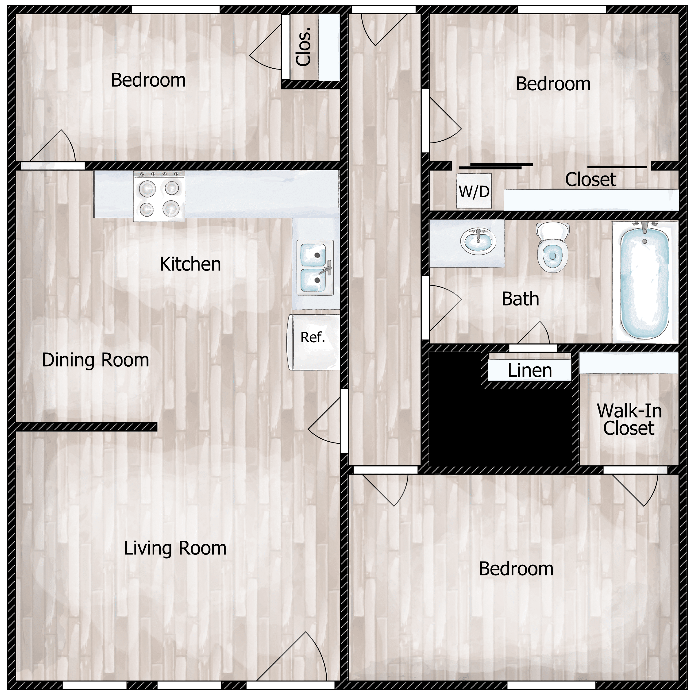 Floor plan for 3 beds, 1 bath, 794 sqft