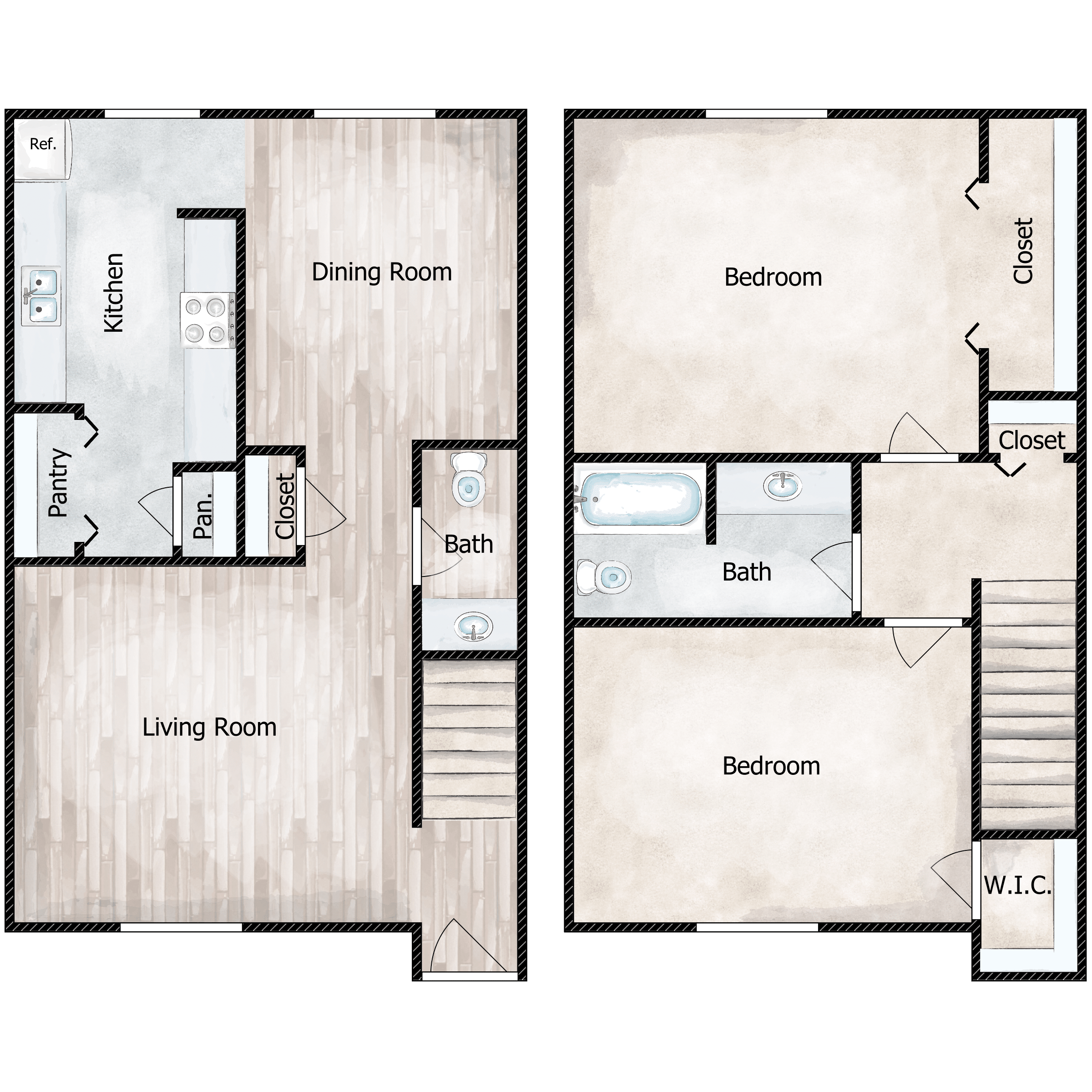 Floor plan for 2 beds, 1.5 baths, 1100 sqft