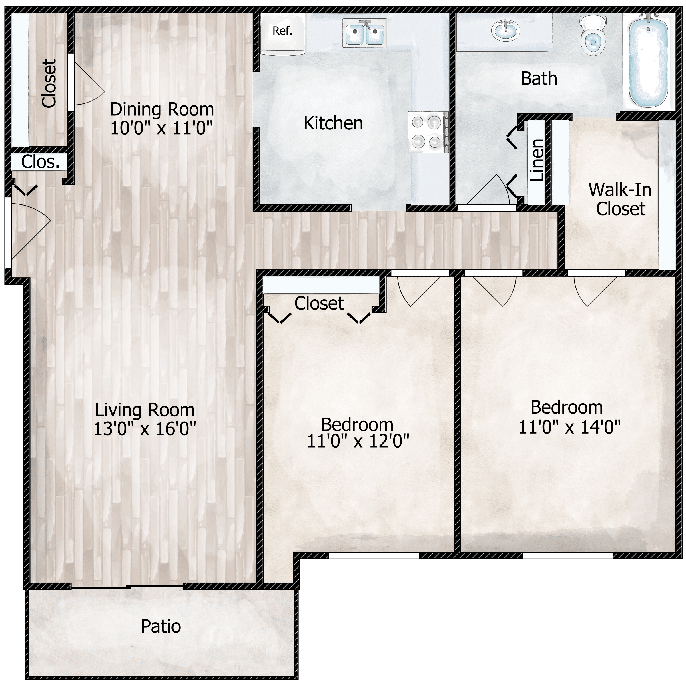 Floor plan for 2 beds, 1 bath, 1080 sqft