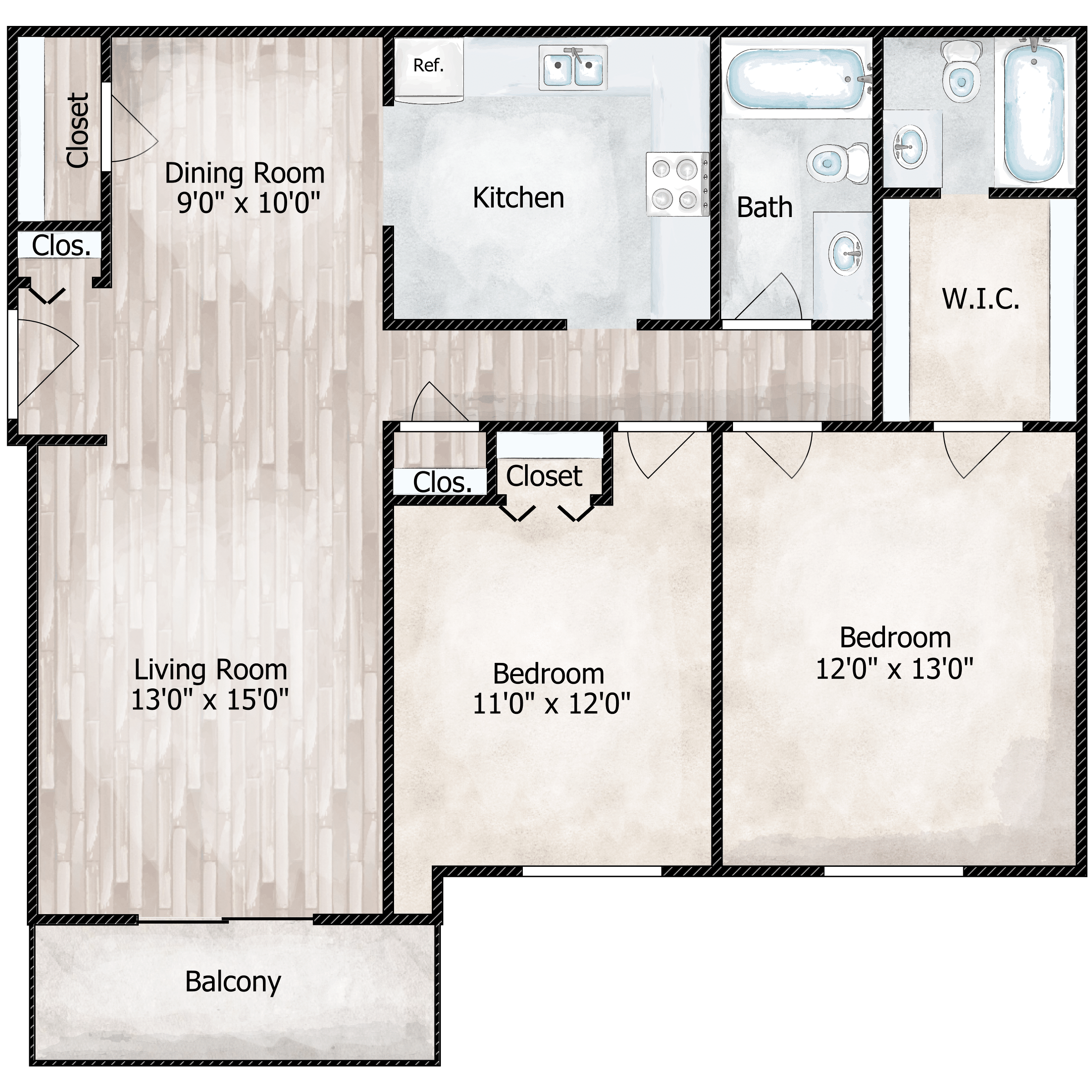 Floor plan for 2 beds, 2 baths, 1080 sqft