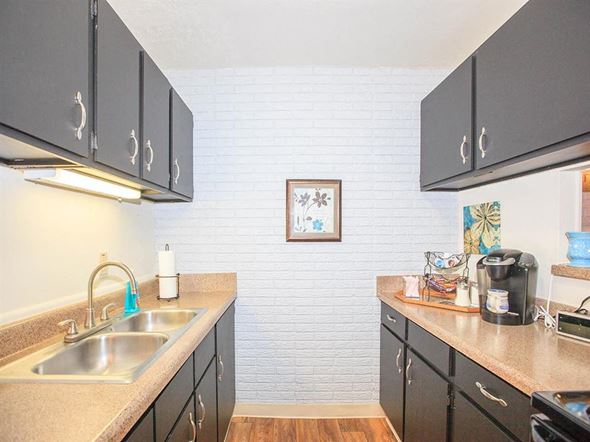 Nashville apartment for rent - a kitchen with a sink and counters and black cabinets