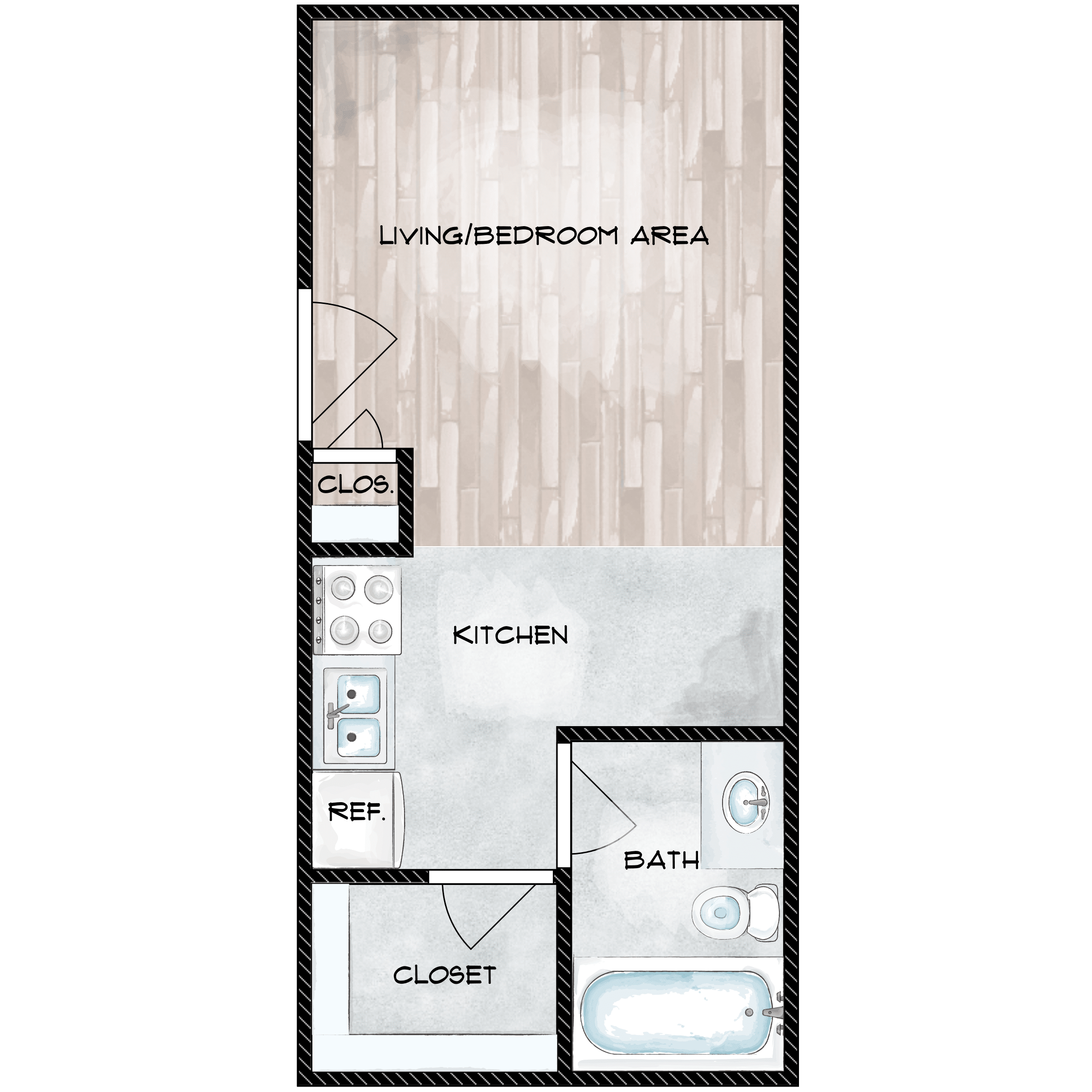 Floor plan for studio, 1 bath, 330 sqft