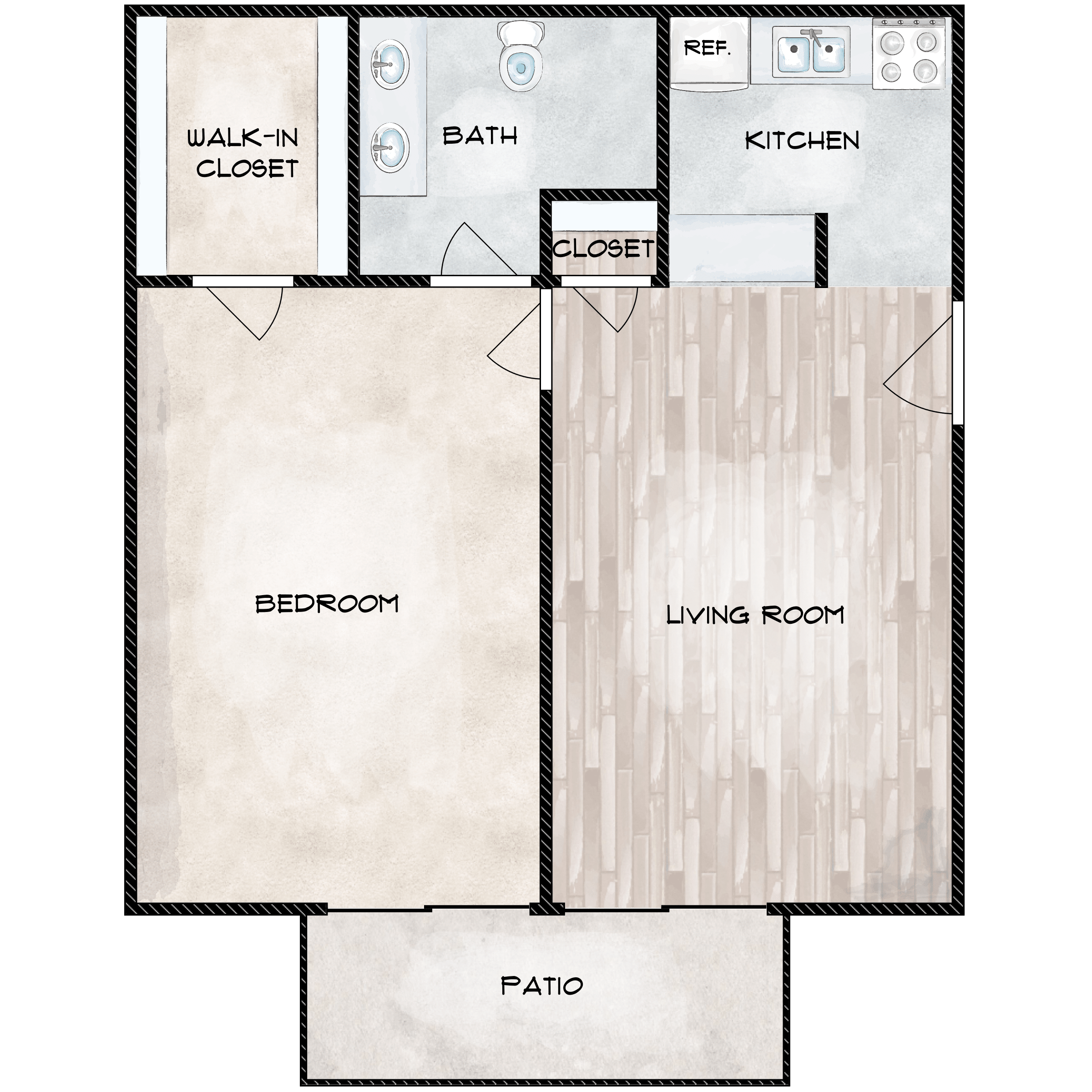 Floor plan for 1 bed, 1 bath, 630 sqft