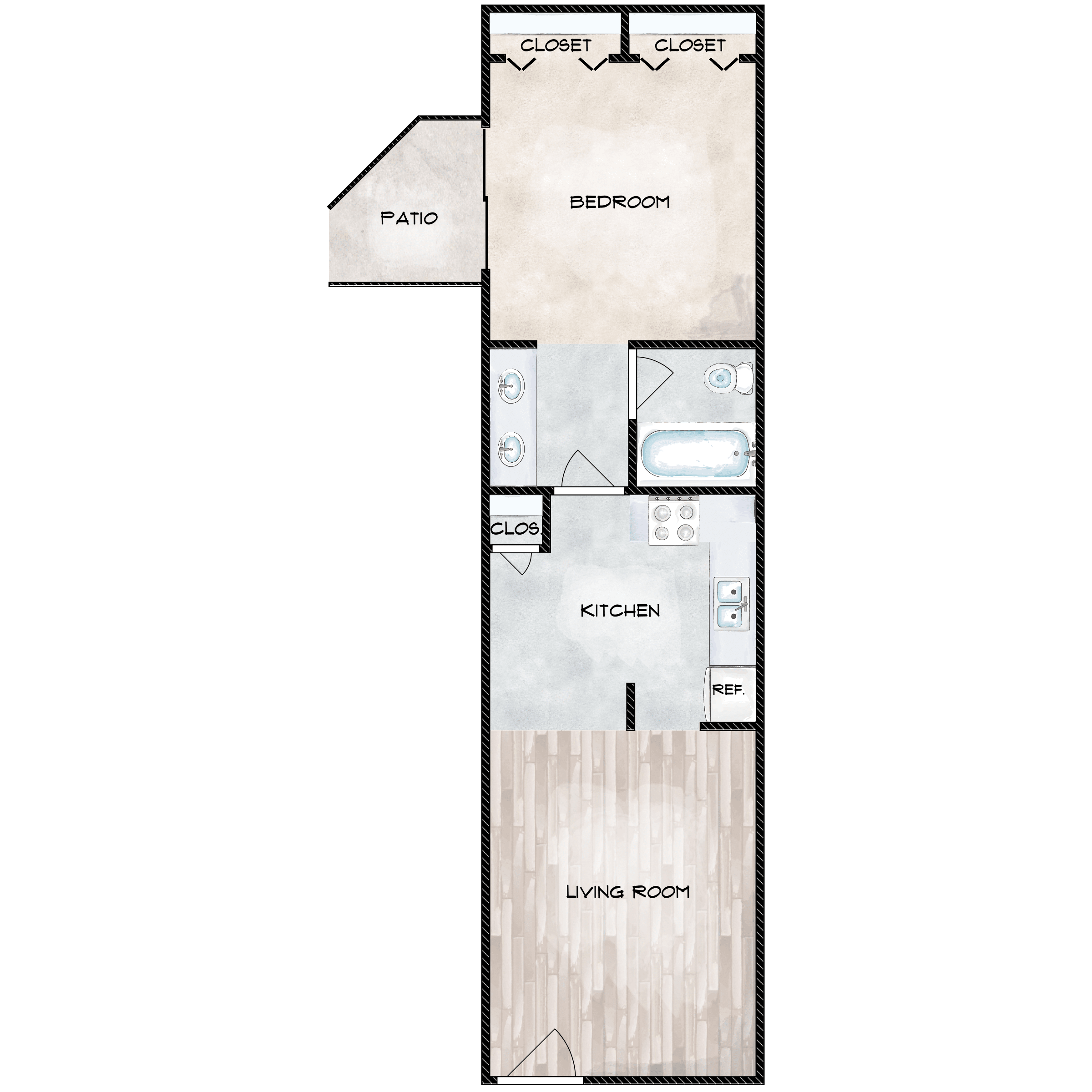 Floor plan for 1 bed, 1 bath, 600 sqft