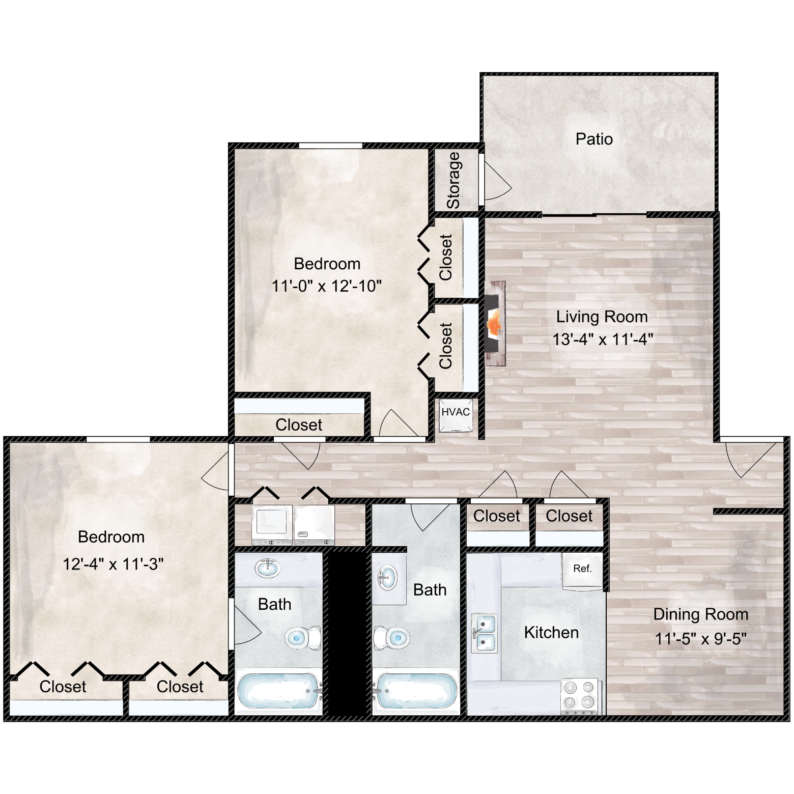 Floor plan for 2 beds, 2 baths, 1050 sqft