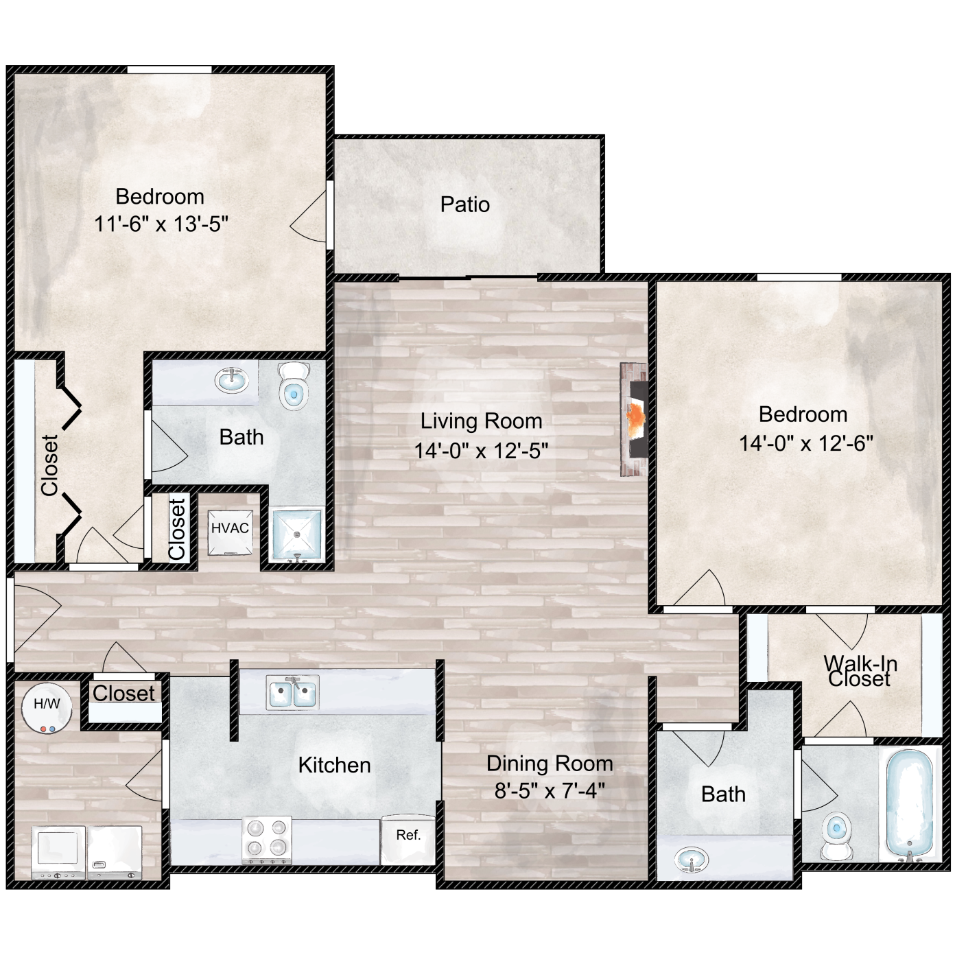 Floor plan for 2 beds, 2 baths, 1128 sqft