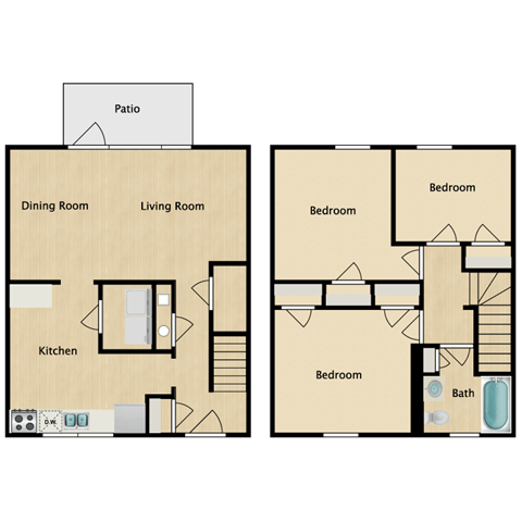 Floor plan for 3 beds, 1 bath, 1040 sqft